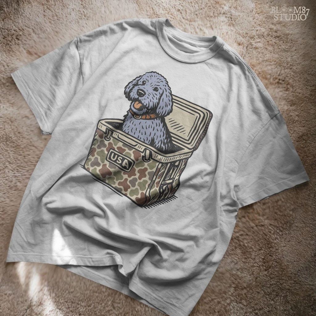 Cartoon grey doodle dog illustration, sublimation PNG design for doodle dog lovers, pet-inspired gifts, apparel, mugs, and DIY crafts.