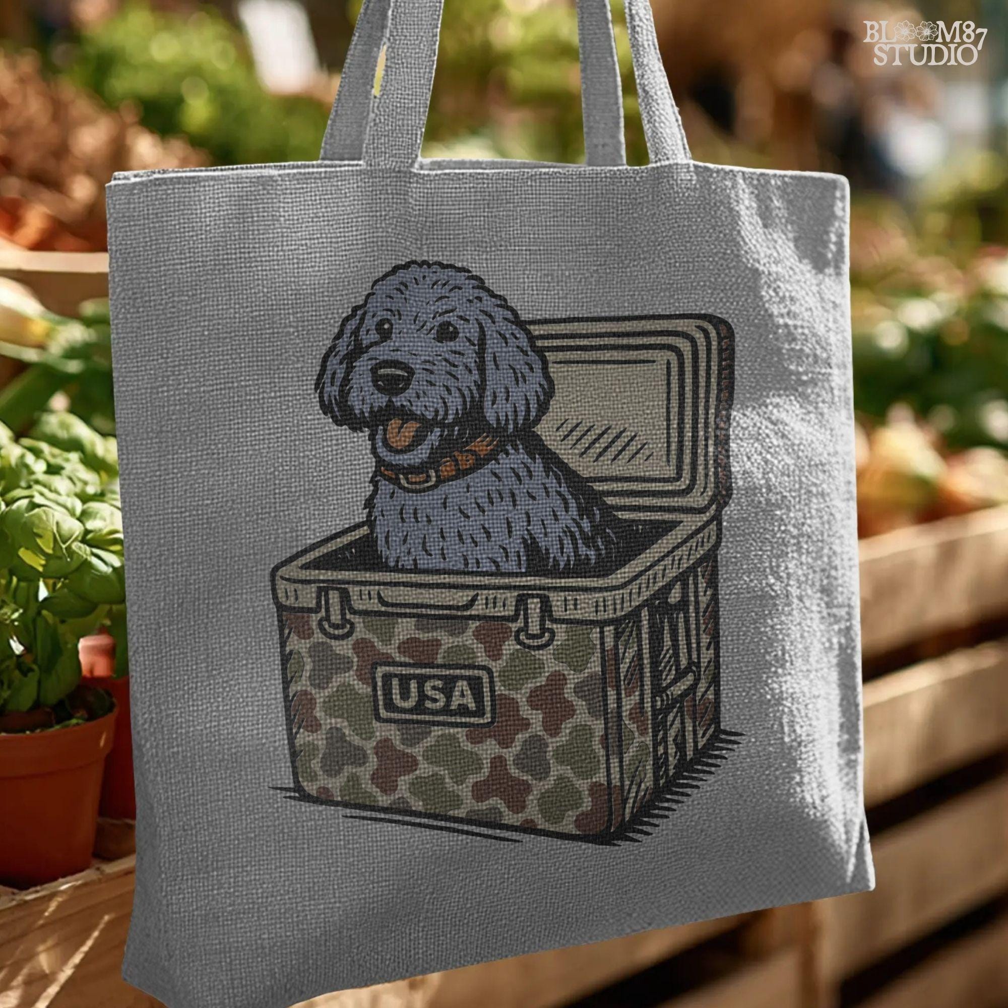 Cartoon grey doodle dog illustration, sublimation PNG design for doodle dog lovers, pet-inspired gifts, apparel, mugs, and DIY crafts.