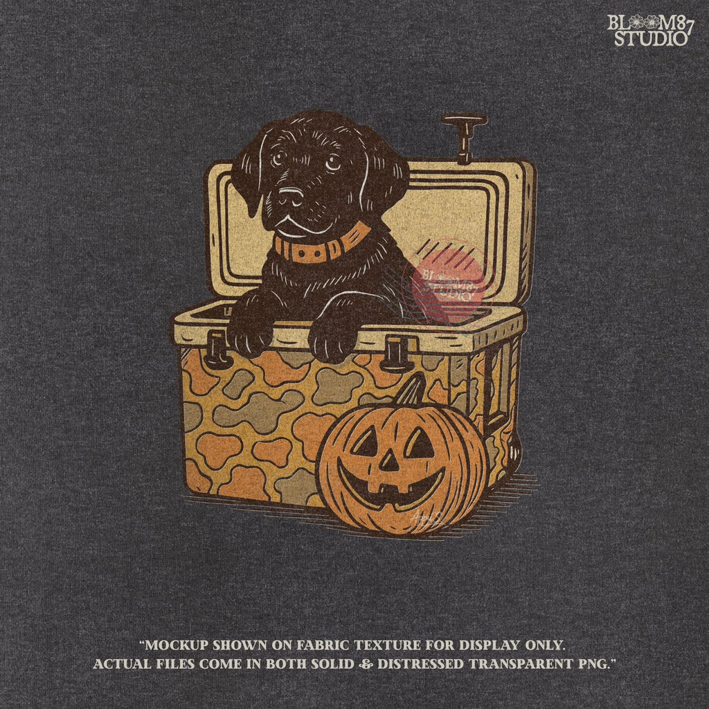 Black Labrador retriever sitting in a cooler with a pumpkin, Halloween sublimation PNG design for dog lovers, seasonal crafts, and apparel.