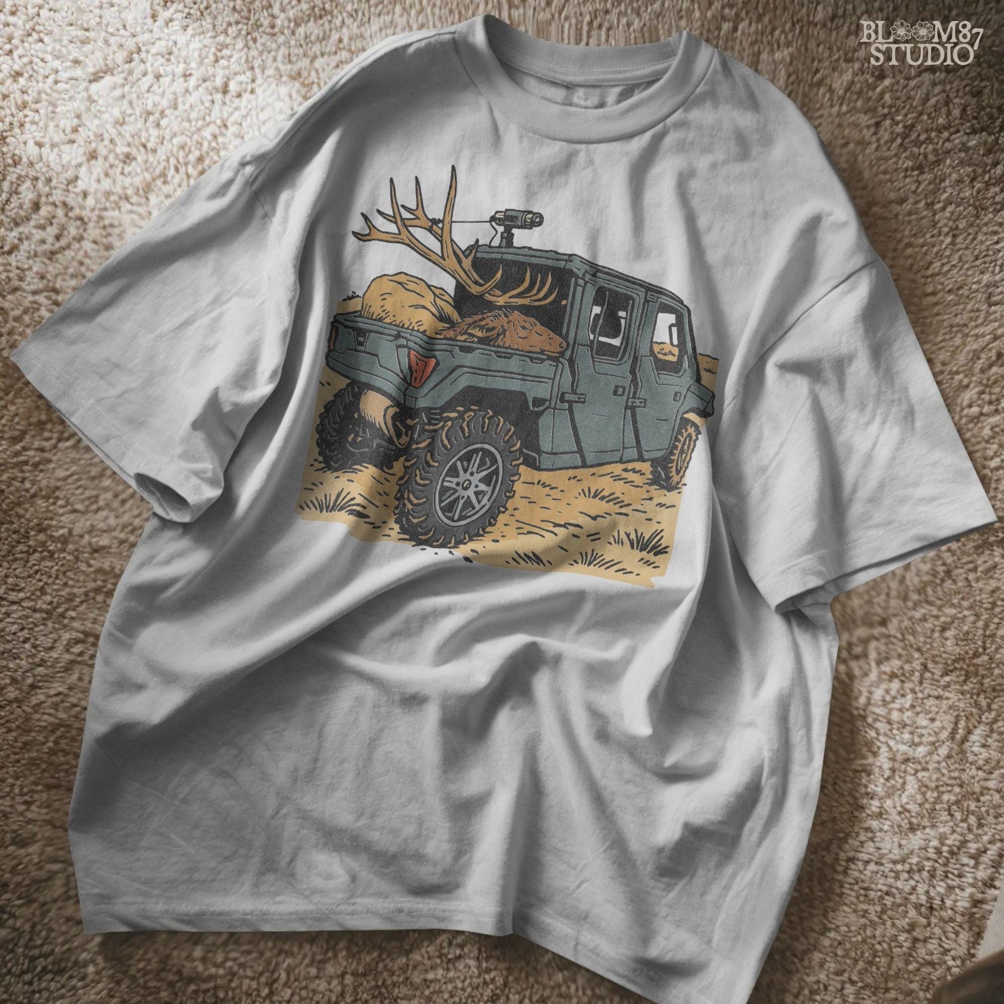 Solid version: "Hunting UTV sublimation PNG off road truck carrying trophy elk with large antlers rustic outdoorsman clipart solid style"

Distressed version: "Off road UTV truck hunting design with elk in back sublimation PNG rustic outdoors country clipart distressed style"