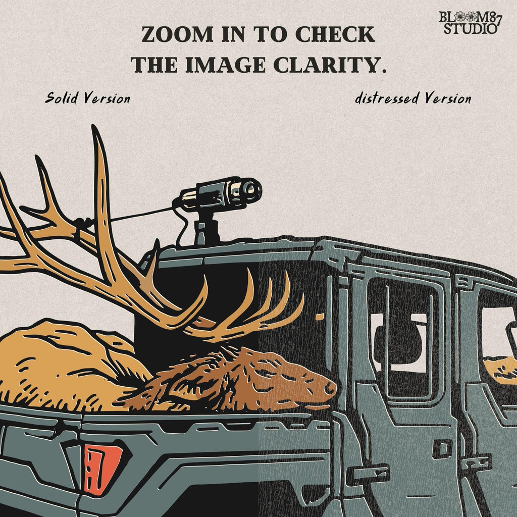 Solid version: "Hunting UTV sublimation PNG off road truck carrying trophy elk with large antlers rustic outdoorsman clipart solid style"

Distressed version: "Off road UTV truck hunting design with elk in back sublimation PNG rustic outdoors country clipart distressed style"