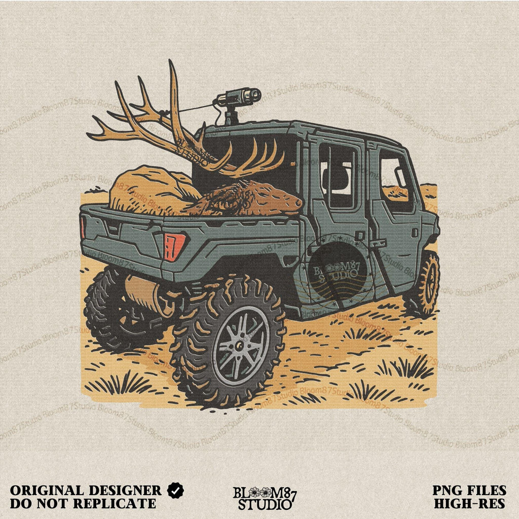 Solid version: "Hunting UTV sublimation PNG off road truck carrying trophy elk with large antlers rustic outdoorsman clipart solid style"

Distressed version: "Off road UTV truck hunting design with elk in back sublimation PNG rustic outdoors country clipart distressed style"