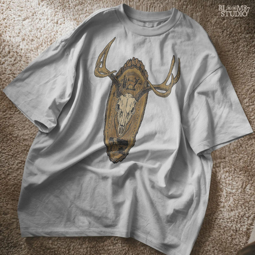 Solid version: "Deer skull sublimation PNG with antlers mounted on carved wooden plaque rustic hunting wall art solid style"

Distressed version: "Rustic distressed sublimation PNG deer skull with antlers wood mount hunting lodge cabin wall art clipart"