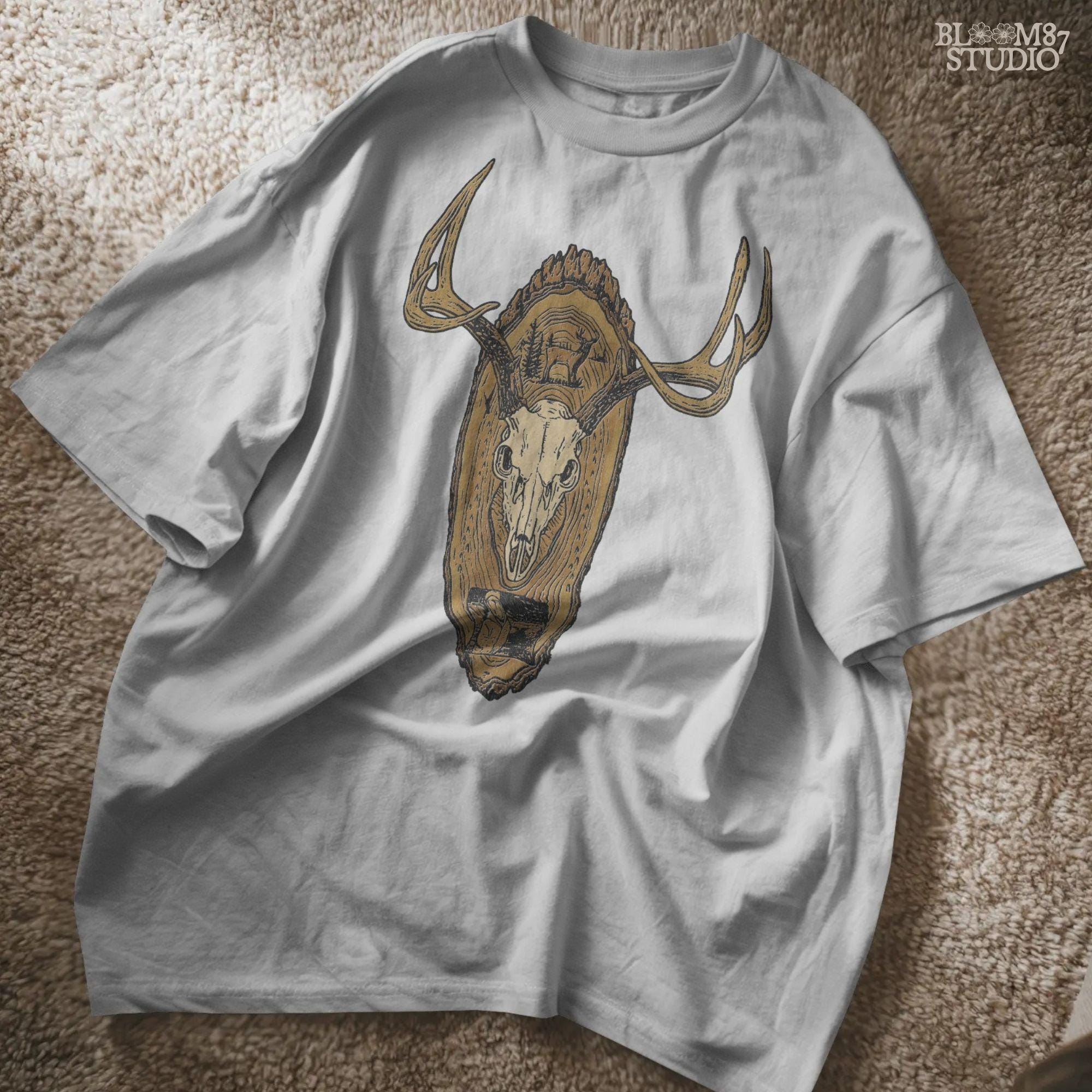 Solid version: "Deer skull sublimation PNG with antlers mounted on carved wooden plaque rustic hunting wall art solid style"

Distressed version: "Rustic distressed sublimation PNG deer skull with antlers wood mount hunting lodge cabin wall art clipart"