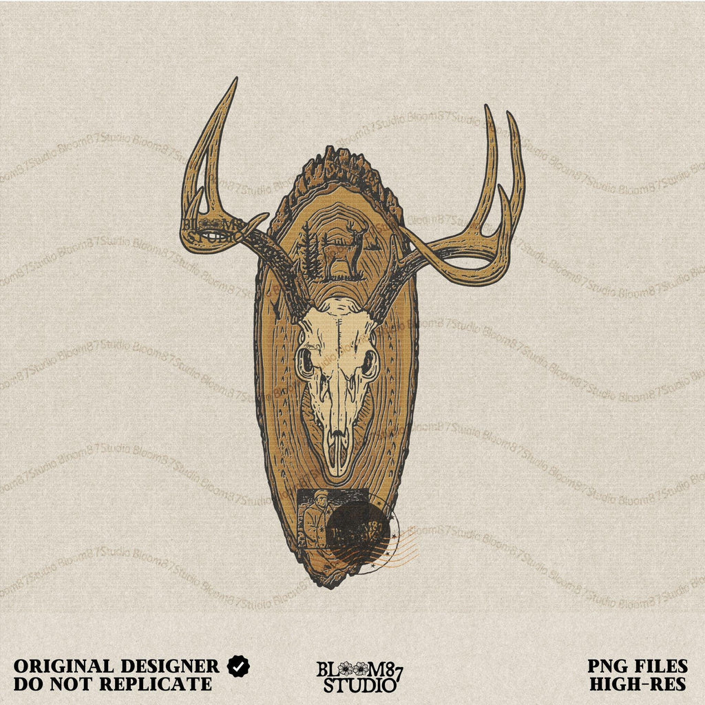 Solid version: "Deer skull sublimation PNG with antlers mounted on carved wooden plaque rustic hunting wall art solid style"

Distressed version: "Rustic distressed sublimation PNG deer skull with antlers wood mount hunting lodge cabin wall art clipart"