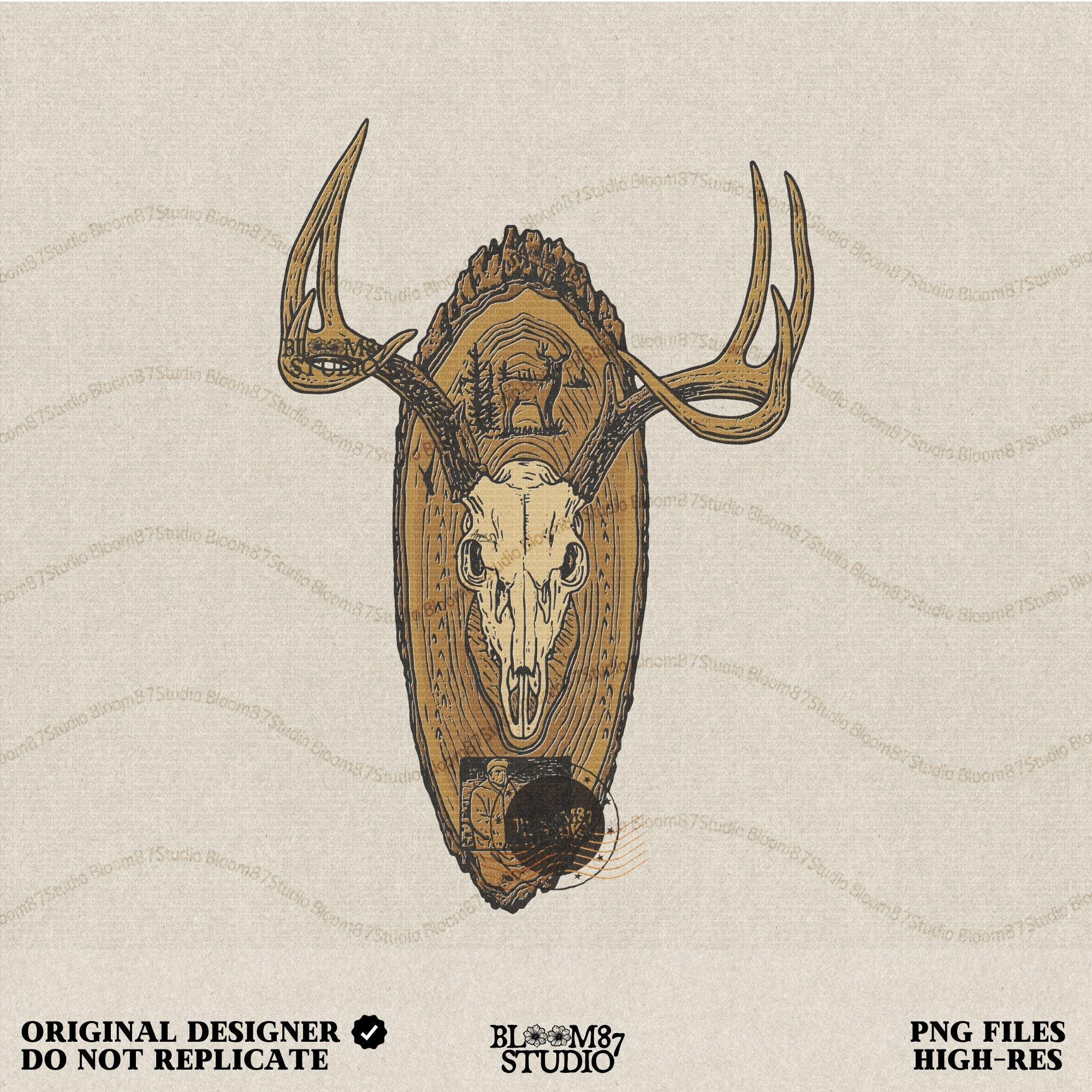 Solid version: "Deer skull sublimation PNG with antlers mounted on carved wooden plaque rustic hunting wall art solid style"

Distressed version: "Rustic distressed sublimation PNG deer skull with antlers wood mount hunting lodge cabin wall art clipart"