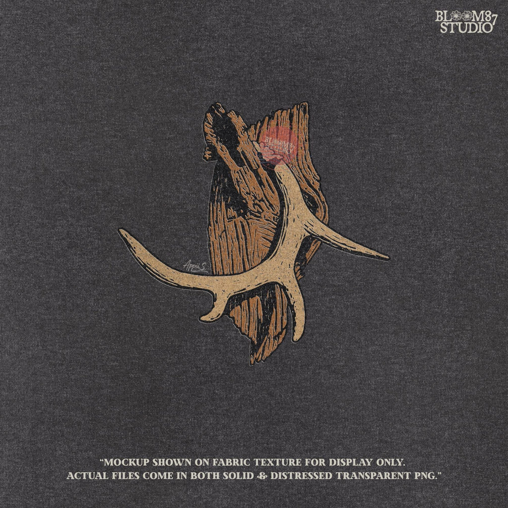 Solid version: "Deer antler sublimation PNG mounted on rustic wood hunting wall art solid style"

Distressed version: "Distressed deer antler sublimation PNG rustic hunting clipart on wood mount vintage style"