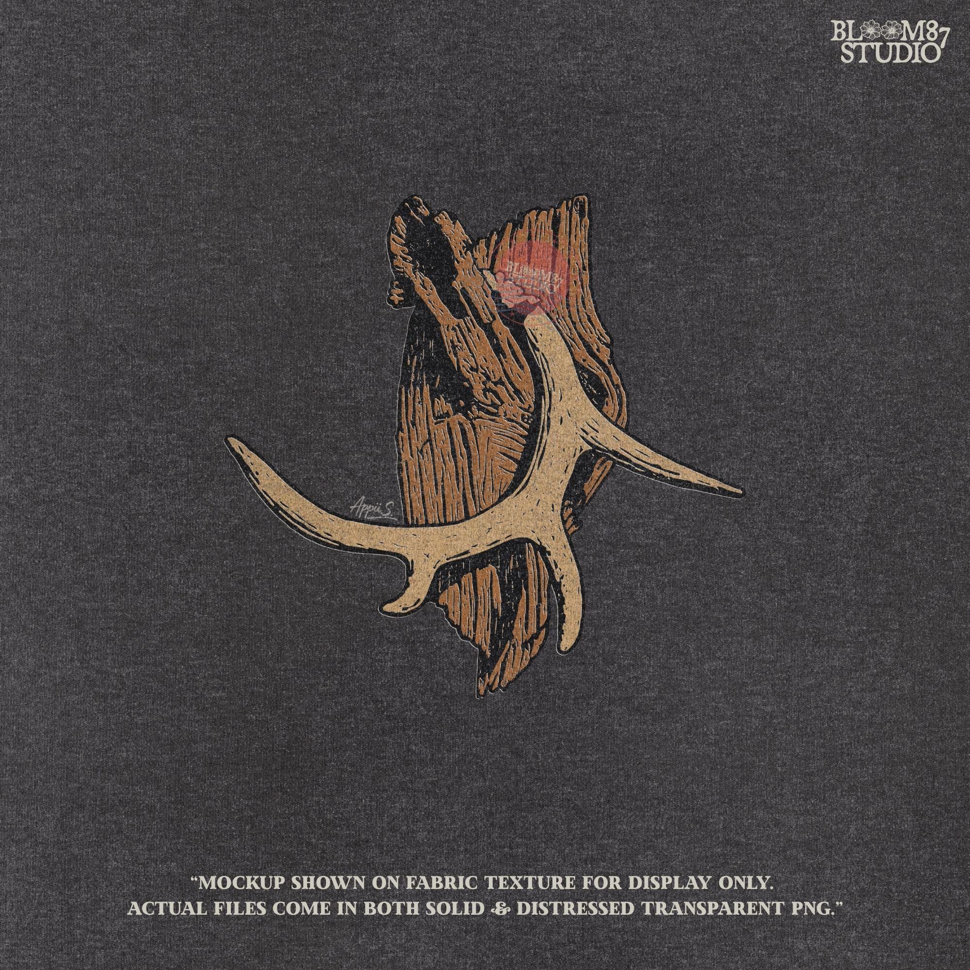 Solid version: "Deer antler sublimation PNG mounted on rustic wood hunting wall art solid style"

Distressed version: "Distressed deer antler sublimation PNG rustic hunting clipart on wood mount vintage style"