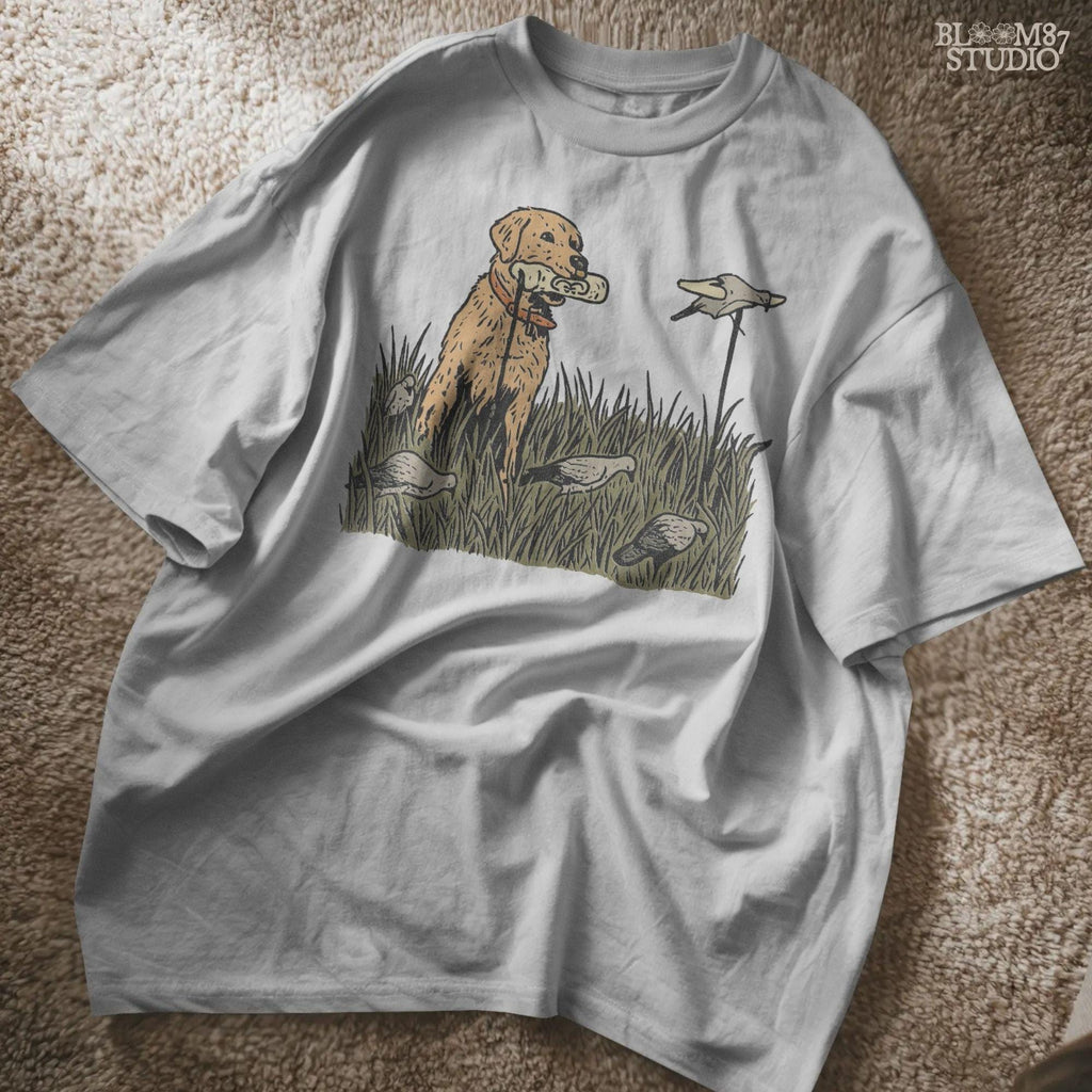 Solid version: "Golden Retriever hunting dog sublimation PNG standing in tall grass with dove decoys rustic outdoor field solid design"

Distressed version: "Distressed Golden Retriever hunting dog sublimation PNG with dove decoys in tall grass rustic outdoor hunting clipart"