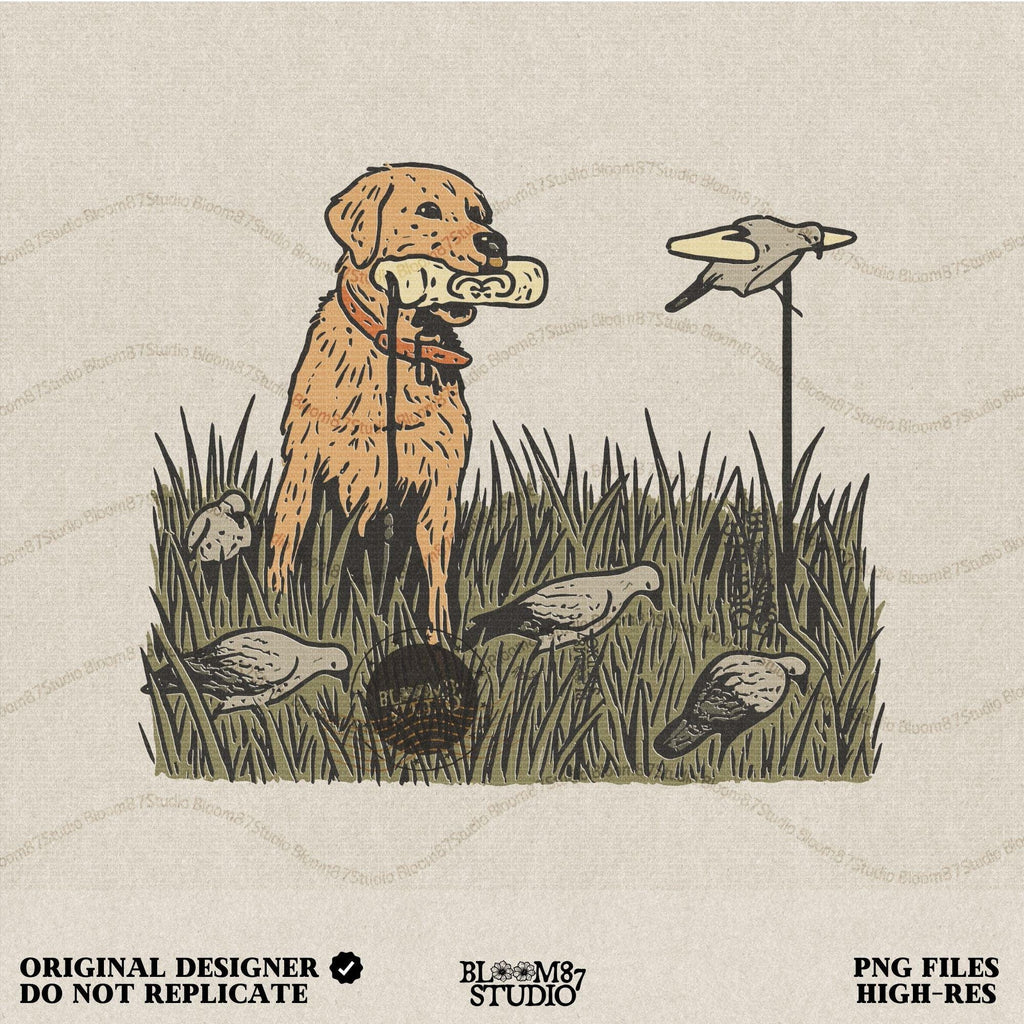 Solid version: "Golden Retriever hunting dog sublimation PNG standing in tall grass with dove decoys rustic outdoor field solid design"

Distressed version: "Distressed Golden Retriever hunting dog sublimation PNG with dove decoys in tall grass rustic outdoor hunting clipart"