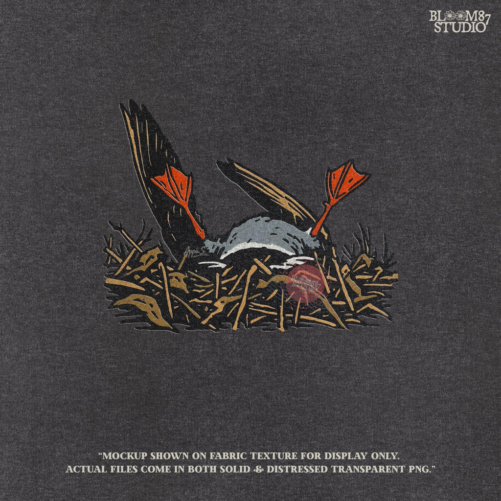 Solid Version:
Cartoon dead duck with orange feet lying in a nest, vintage style sublimation PNG for dark humor Halloween crafts.

Distressed Version:
Distressed-style dead duck illustration in a nest with exaggerated orange feet, ideal for rustic or spooky sublimation designs.
