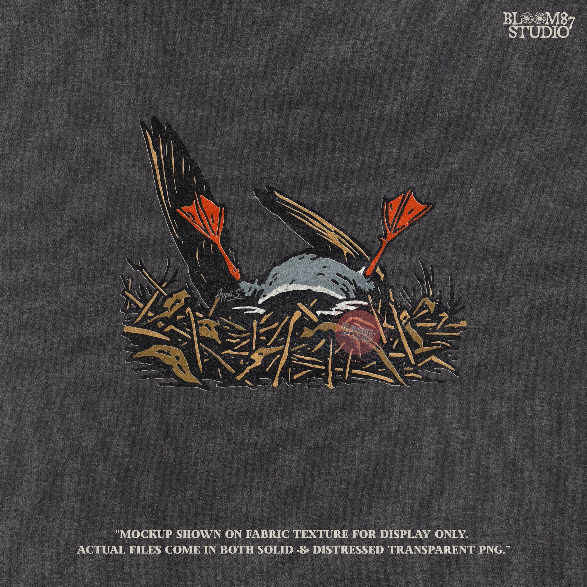 Solid Version:
Cartoon dead duck with orange feet lying in a nest, vintage style sublimation PNG for dark humor Halloween crafts.

Distressed Version:
Distressed-style dead duck illustration in a nest with exaggerated orange feet, ideal for rustic or spooky sublimation designs.