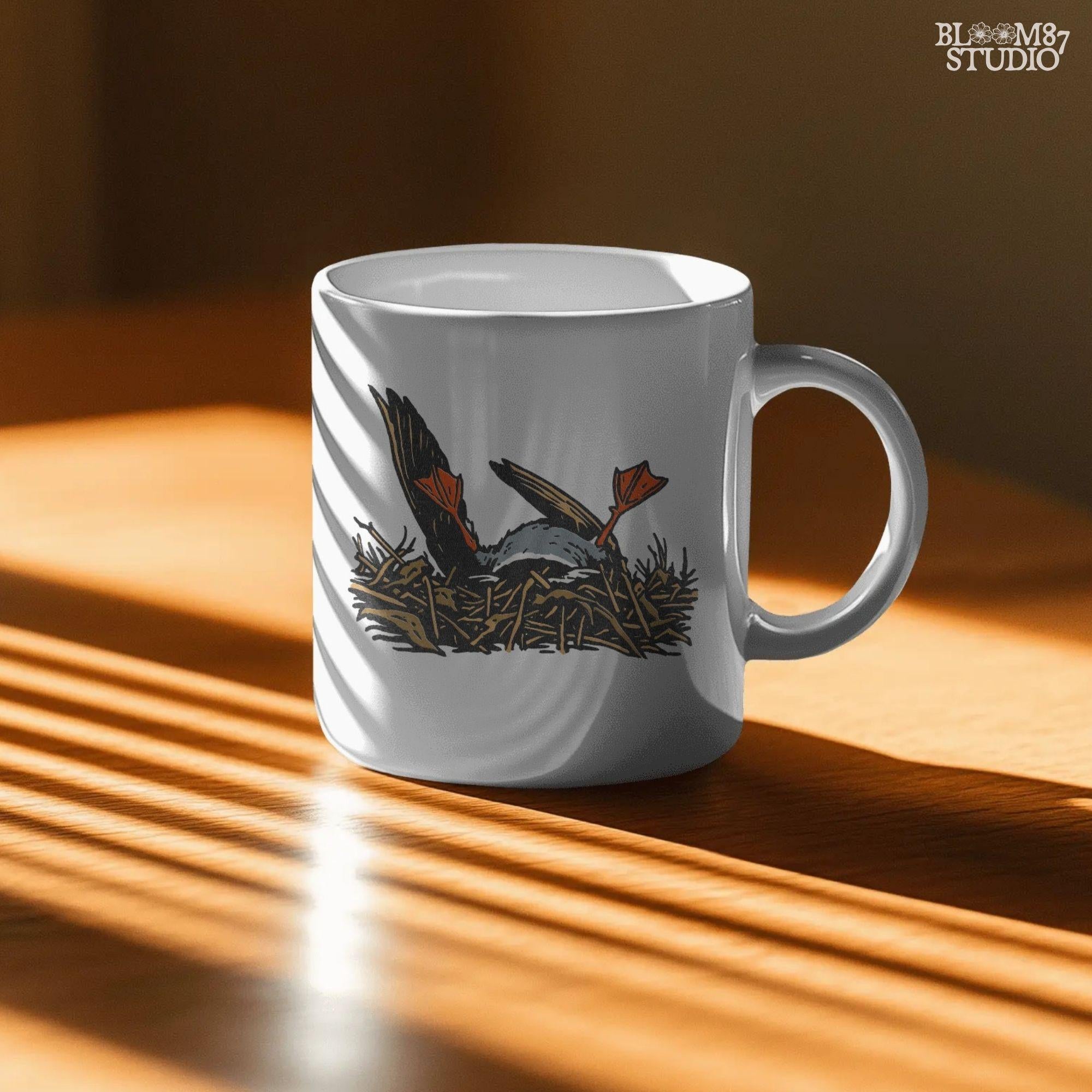 Solid Version:
Cartoon dead duck with orange feet lying in a nest, vintage style sublimation PNG for dark humor Halloween crafts.

Distressed Version:
Distressed-style dead duck illustration in a nest with exaggerated orange feet, ideal for rustic or spooky sublimation designs.
