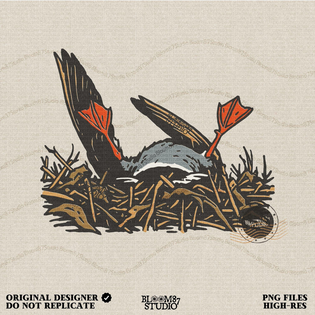 Solid Version:
Cartoon dead duck with orange feet lying in a nest, vintage style sublimation PNG for dark humor Halloween crafts.

Distressed Version:
Distressed-style dead duck illustration in a nest with exaggerated orange feet, ideal for rustic or spooky sublimation designs.
