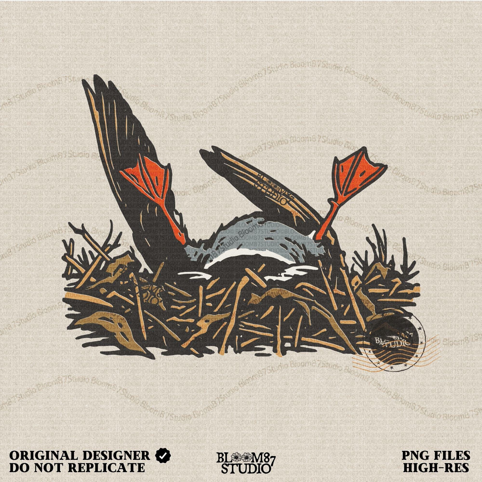 Solid Version:
Cartoon dead duck with orange feet lying in a nest, vintage style sublimation PNG for dark humor Halloween crafts.

Distressed Version:
Distressed-style dead duck illustration in a nest with exaggerated orange feet, ideal for rustic or spooky sublimation designs.