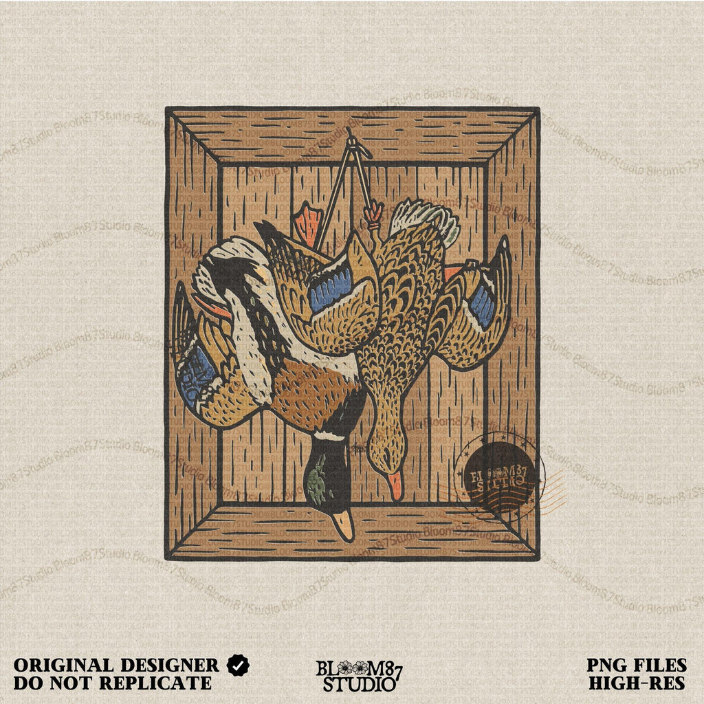 Vintage-style sublimation of two ducks hanging upside down in a wooden crate, perfect for hunting decor or rustic kitchen art.

Distressed Version:
Distressed illustration of hanging ducks inside a rustic wooden box, ideal for country cabin sublimation or dark farmhouse prints.