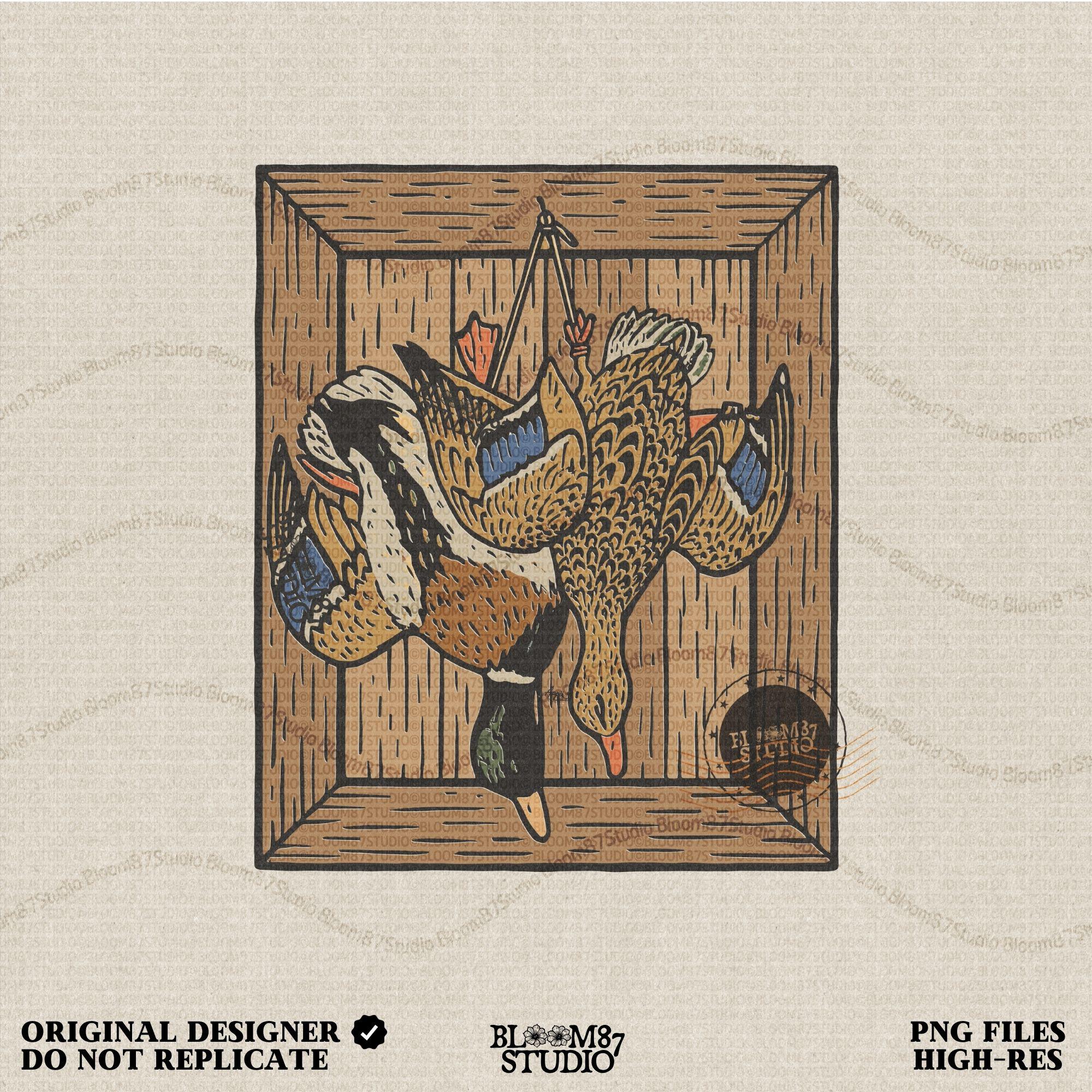 Vintage-style sublimation of two ducks hanging upside down in a wooden crate, perfect for hunting decor or rustic kitchen art.

Distressed Version:
Distressed illustration of hanging ducks inside a rustic wooden box, ideal for country cabin sublimation or dark farmhouse prints.