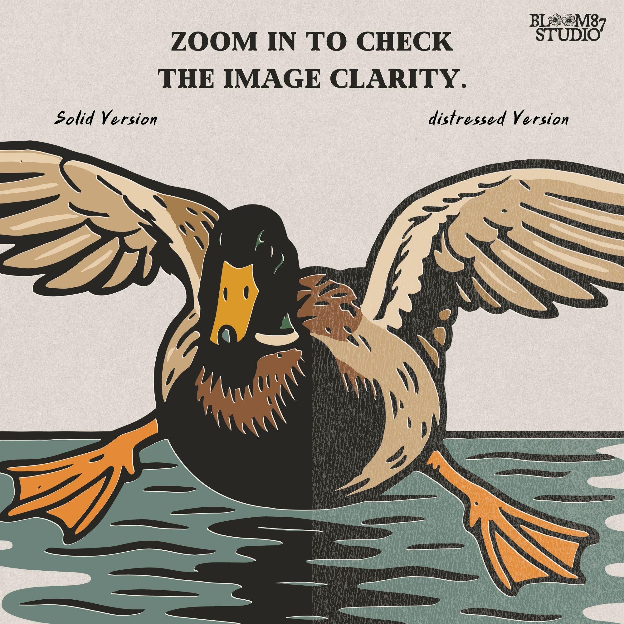 Solid Version:
Vintage-style sublimation of a duck landing on water with wings spread wide, great for rustic shirts or wildlife-themed crafts.

Distressed Version:
Distressed flying duck illustration landing on a pond, rustic clipart style ideal for outdoor nature designs and hunting-themed sublimation.