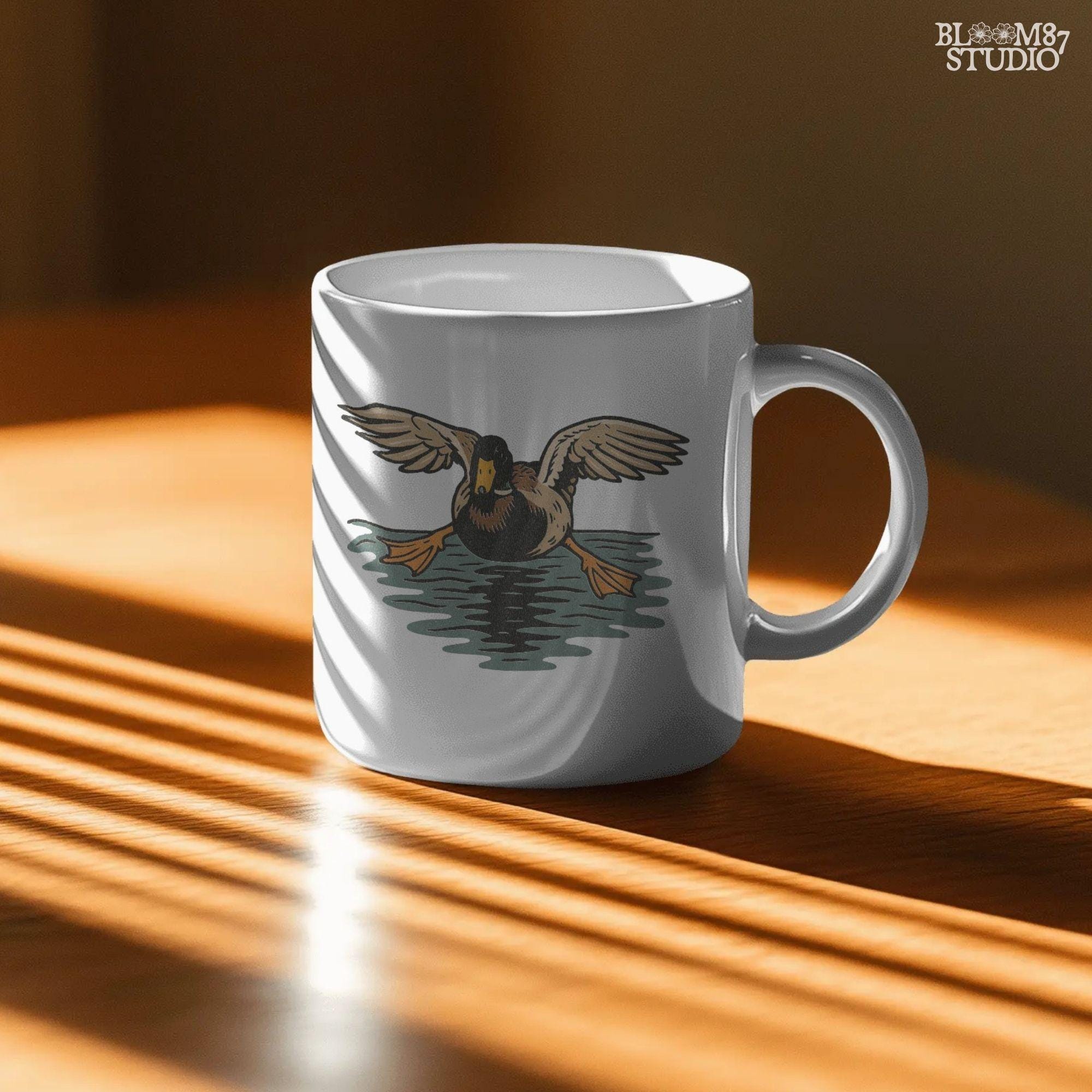 Solid Version:
Vintage-style sublimation of a duck landing on water with wings spread wide, great for rustic shirts or wildlife-themed crafts.

Distressed Version:
Distressed flying duck illustration landing on a pond, rustic clipart style ideal for outdoor nature designs and hunting-themed sublimation.