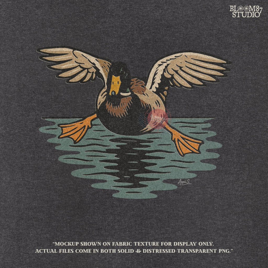 Solid Version:
Vintage-style sublimation of a duck landing on water with wings spread wide, great for rustic shirts or wildlife-themed crafts.

Distressed Version:
Distressed flying duck illustration landing on a pond, rustic clipart style ideal for outdoor nature designs and hunting-themed sublimation.