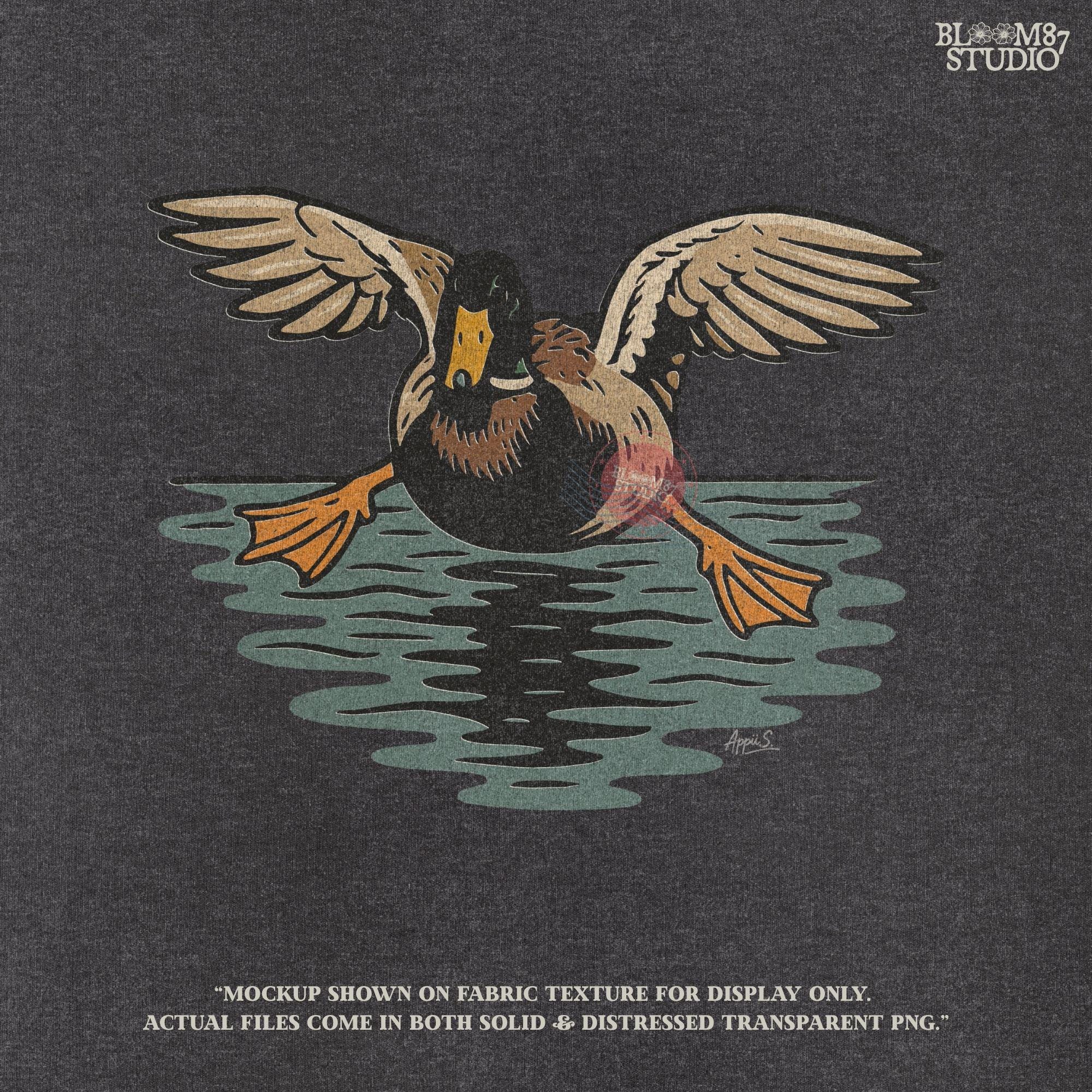 Solid Version:
Vintage-style sublimation of a duck landing on water with wings spread wide, great for rustic shirts or wildlife-themed crafts.

Distressed Version:
Distressed flying duck illustration landing on a pond, rustic clipart style ideal for outdoor nature designs and hunting-themed sublimation.