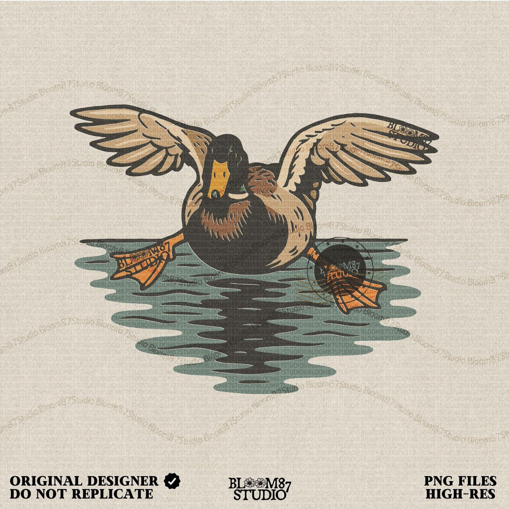 Solid Version:
Vintage-style sublimation of a duck landing on water with wings spread wide, great for rustic shirts or wildlife-themed crafts.

Distressed Version:
Distressed flying duck illustration landing on a pond, rustic clipart style ideal for outdoor nature designs and hunting-themed sublimation.