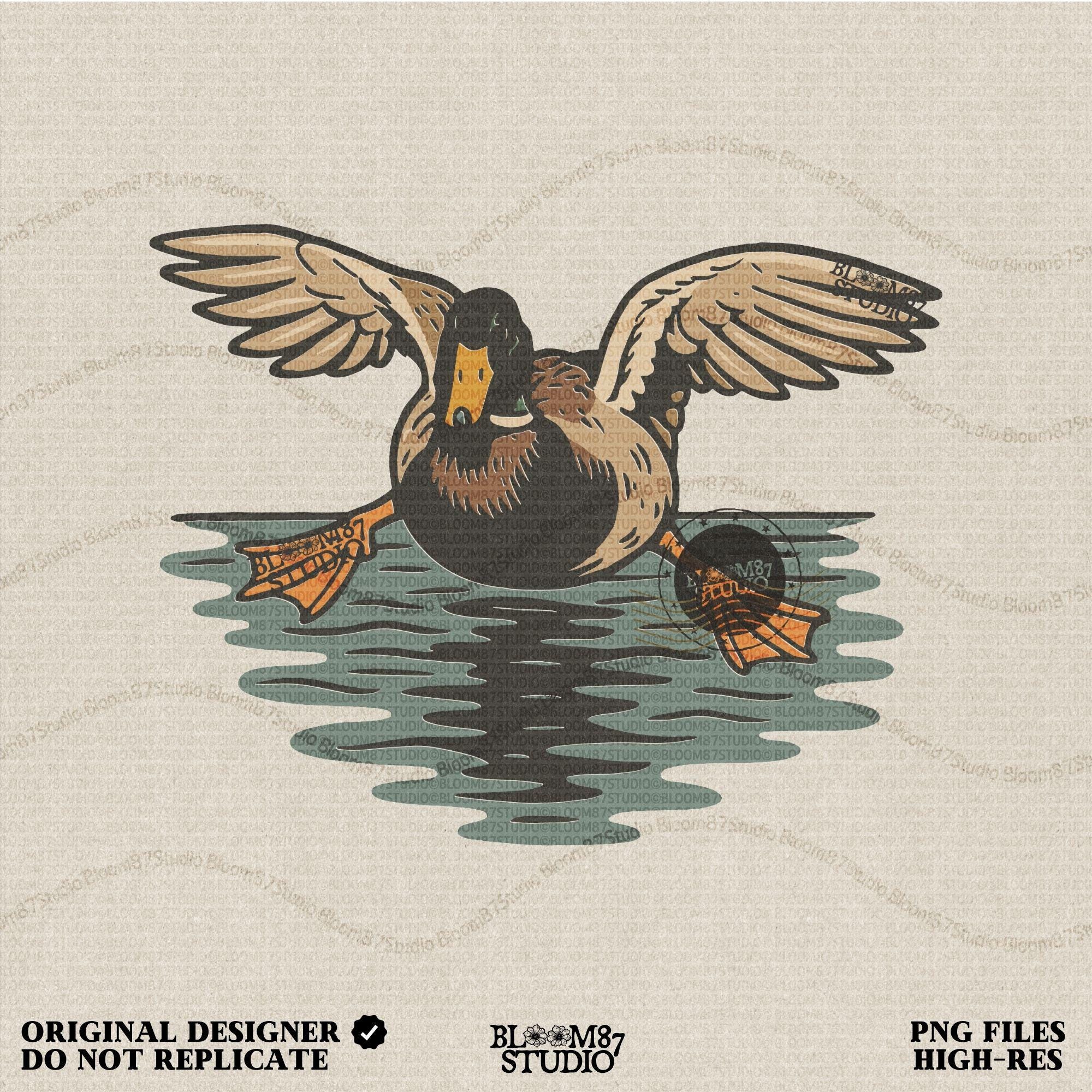 Solid Version:
Vintage-style sublimation of a duck landing on water with wings spread wide, great for rustic shirts or wildlife-themed crafts.

Distressed Version:
Distressed flying duck illustration landing on a pond, rustic clipart style ideal for outdoor nature designs and hunting-themed sublimation.