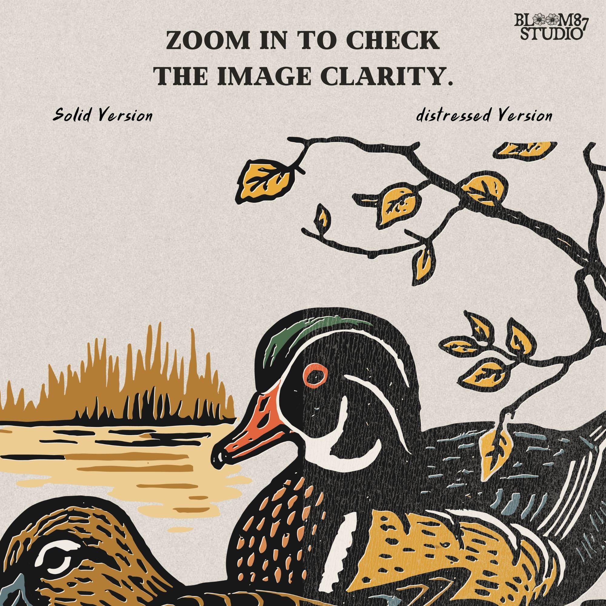 Vintage illustration of a wood duck couple floating on a pond, surrounded by fall leaves and branches, ideal for rustic nature sublimation.

Distressed Version:
Distressed wood duck pair in a peaceful pond setting with autumn leaves, perfect for farmhouse wildlife crafts and romantic outdoor art.