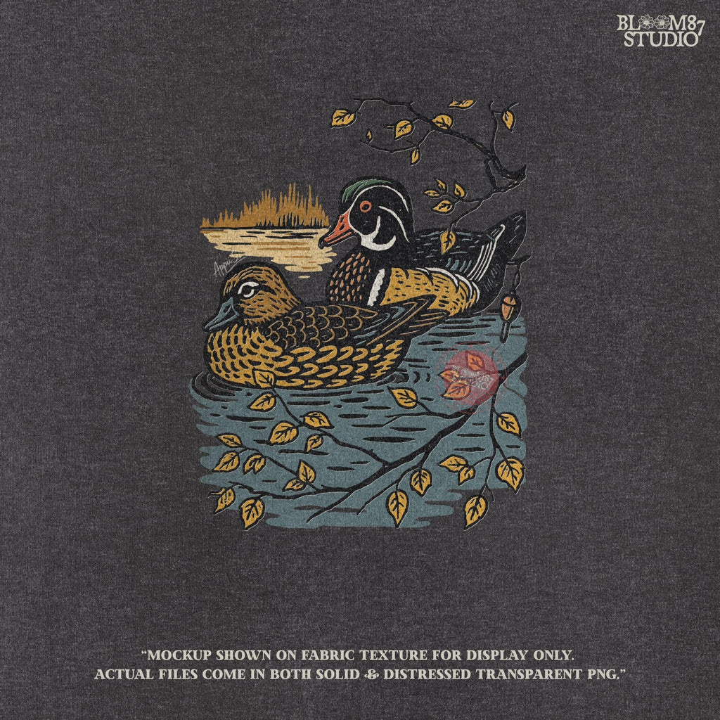 Vintage illustration of a wood duck couple floating on a pond, surrounded by fall leaves and branches, ideal for rustic nature sublimation.

Distressed Version:
Distressed wood duck pair in a peaceful pond setting with autumn leaves, perfect for farmhouse wildlife crafts and romantic outdoor art.
