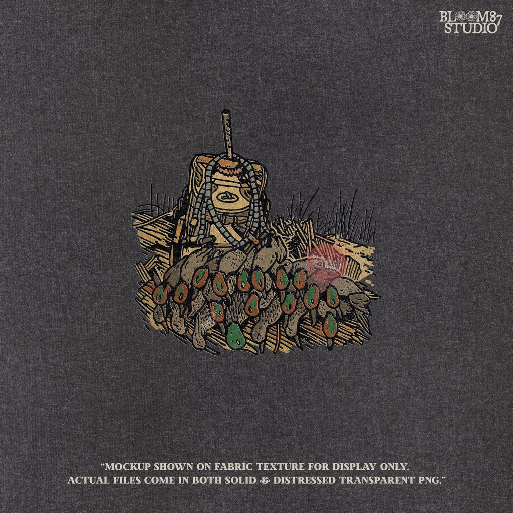 Solid Version:
Vintage illustration of a hunting backpack with several ducks hanging around it, rustic sublimation PNG for lodge decor and outdoor hunting art.

Distressed Version:
Distressed hunting scene showing a backpack with multiple ducks displayed, ideal for rustic sublimation projects and masculine cabin designs.