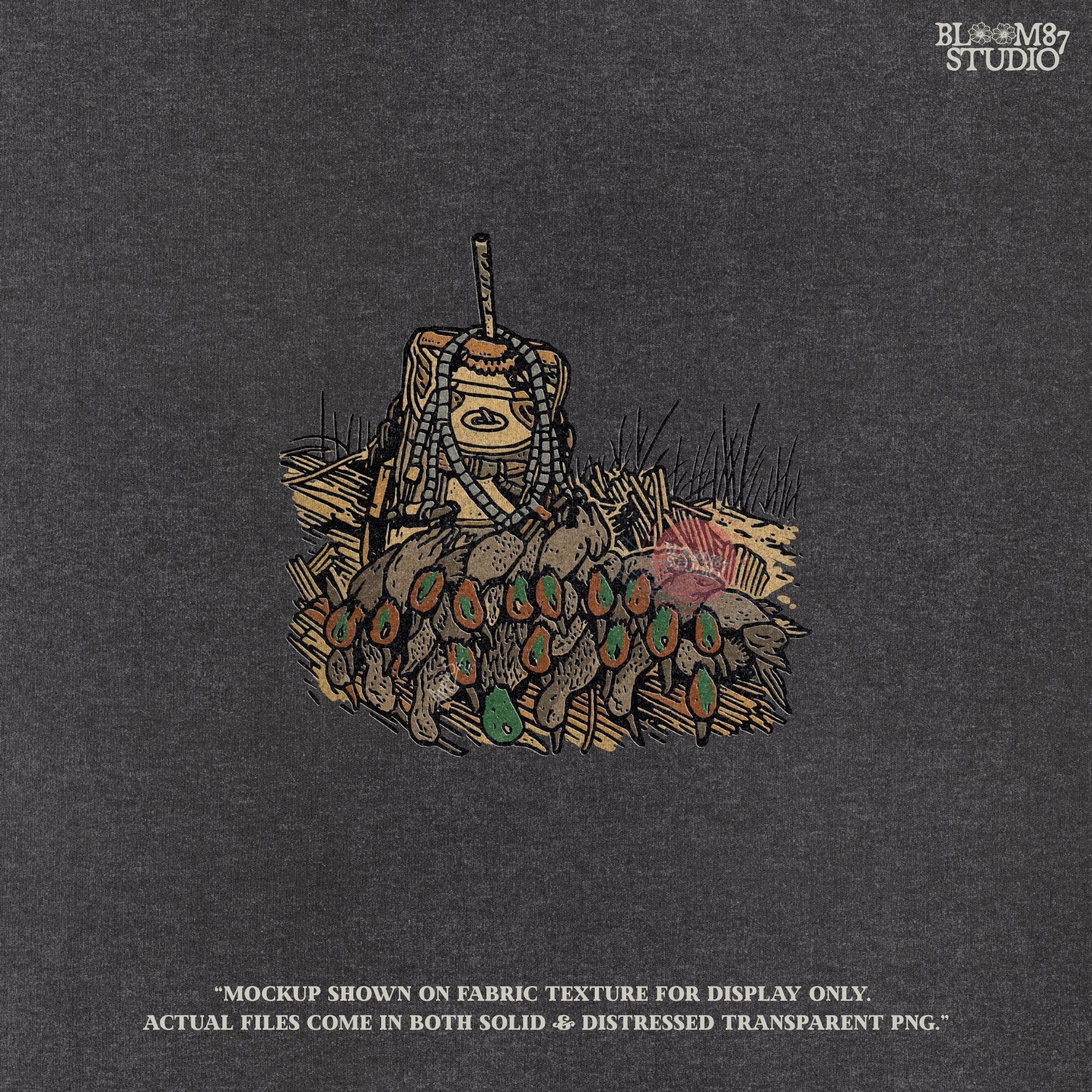Solid Version:
Vintage illustration of a hunting backpack with several ducks hanging around it, rustic sublimation PNG for lodge decor and outdoor hunting art.

Distressed Version:
Distressed hunting scene showing a backpack with multiple ducks displayed, ideal for rustic sublimation projects and masculine cabin designs.