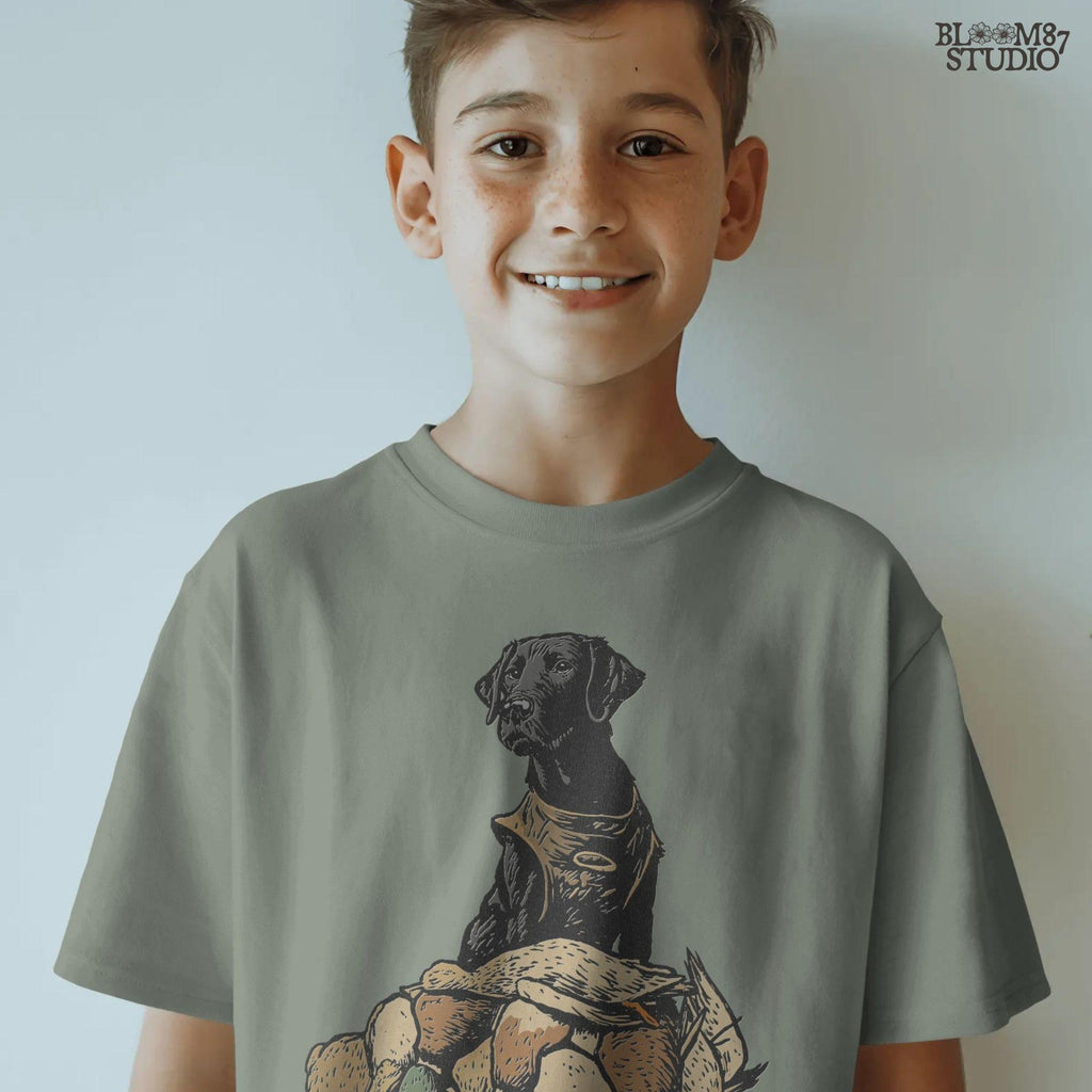 Solid Version:
Vintage illustration of a hunting retriever sitting behind a pile of ducks, rustic sublimation PNG for lodge decor and outdoor crafts.

Distressed Version:
Distressed hunting dog with ducks illustration, ideal for rustic lodge sublimation, masculine hunting shirts, and wildlife-themed designs.
