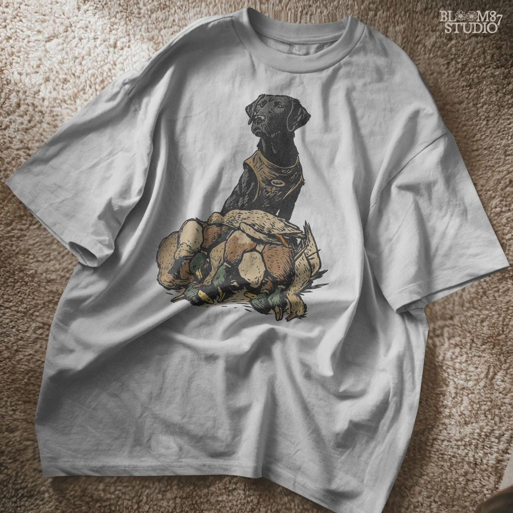 Solid Version:
Vintage illustration of a hunting retriever sitting behind a pile of ducks, rustic sublimation PNG for lodge decor and outdoor crafts.

Distressed Version:
Distressed hunting dog with ducks illustration, ideal for rustic lodge sublimation, masculine hunting shirts, and wildlife-themed designs.