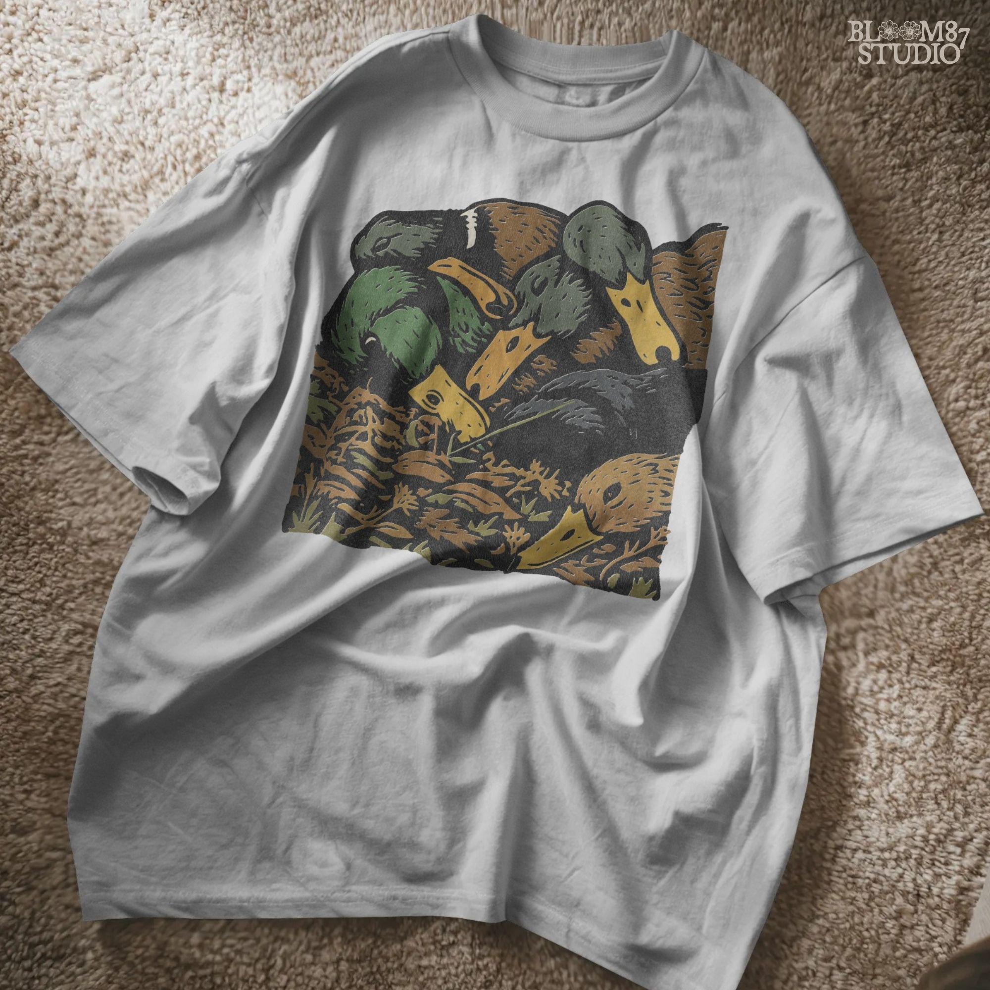 Solid Version:
Vintage illustration of multiple duck heads lying on the ground with rustic detail, sublimation PNG for hunting lodge decor and outdoor crafts.

Distressed Version:
Distressed artwork of several duck heads in grass, rustic hunting sublimation design for masculine lodge wall art and wildlife-themed crafts.