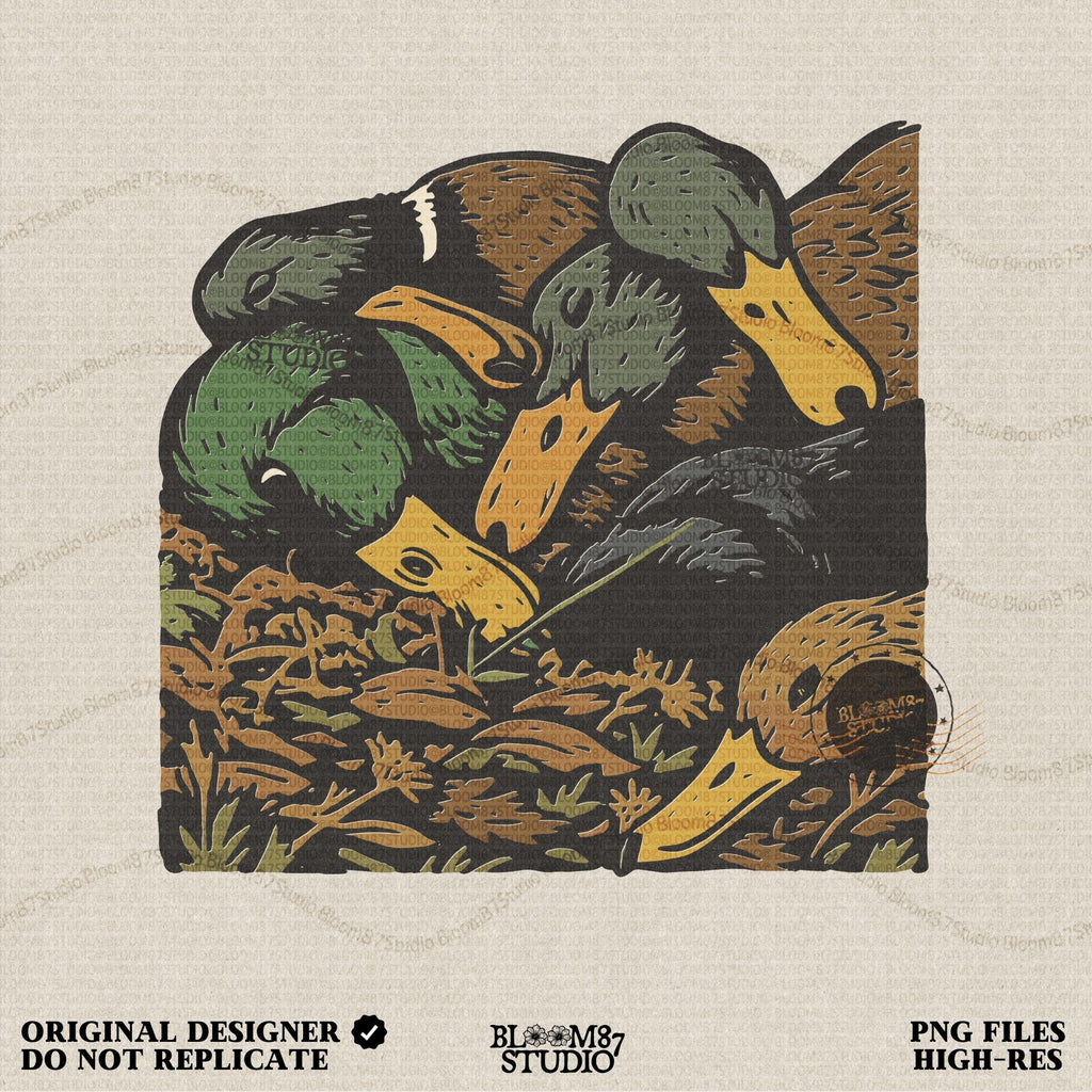 Solid Version:
Vintage illustration of multiple duck heads lying on the ground with rustic detail, sublimation PNG for hunting lodge decor and outdoor crafts.

Distressed Version:
Distressed artwork of several duck heads in grass, rustic hunting sublimation design for masculine lodge wall art and wildlife-themed crafts.