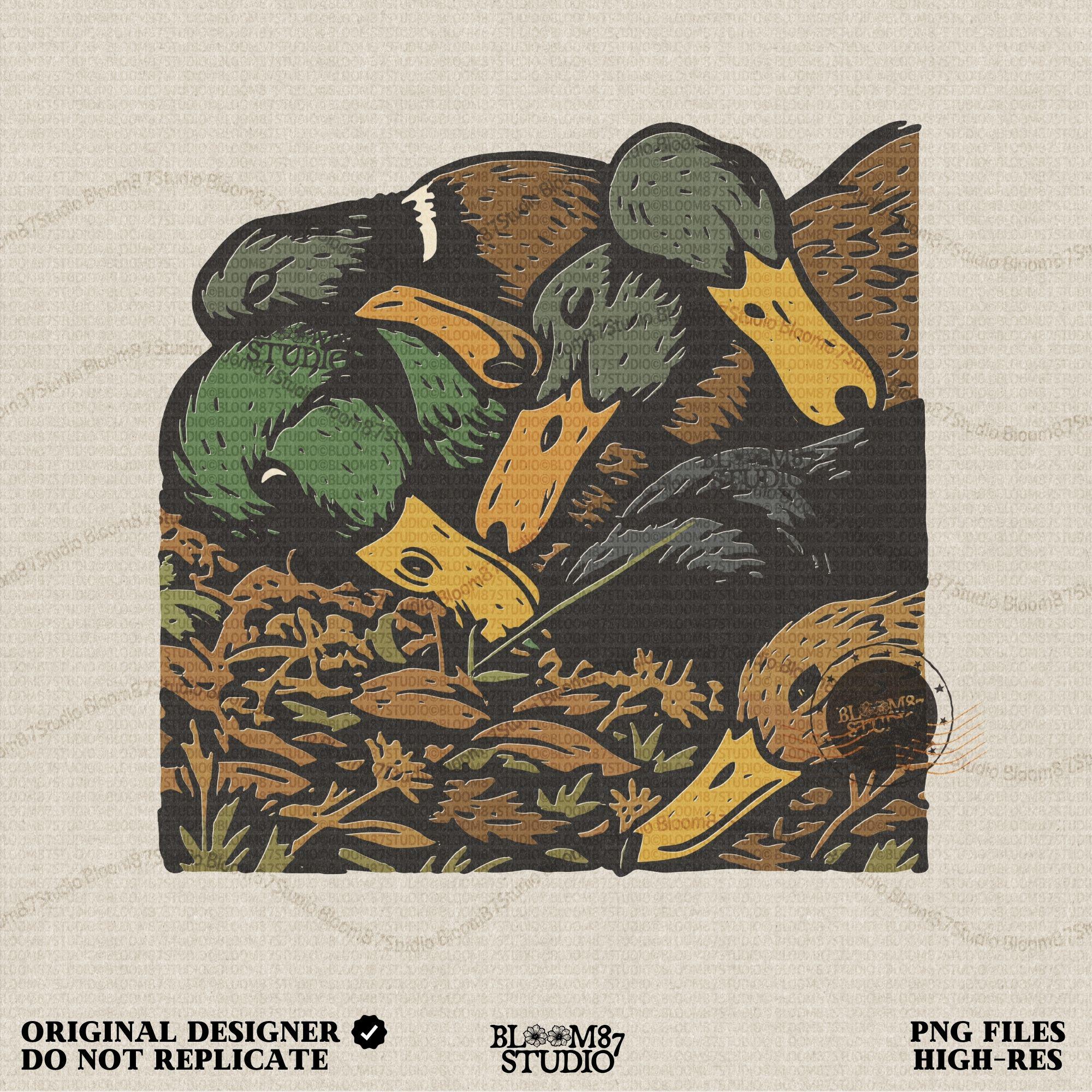 Solid Version:
Vintage illustration of multiple duck heads lying on the ground with rustic detail, sublimation PNG for hunting lodge decor and outdoor crafts.

Distressed Version:
Distressed artwork of several duck heads in grass, rustic hunting sublimation design for masculine lodge wall art and wildlife-themed crafts.