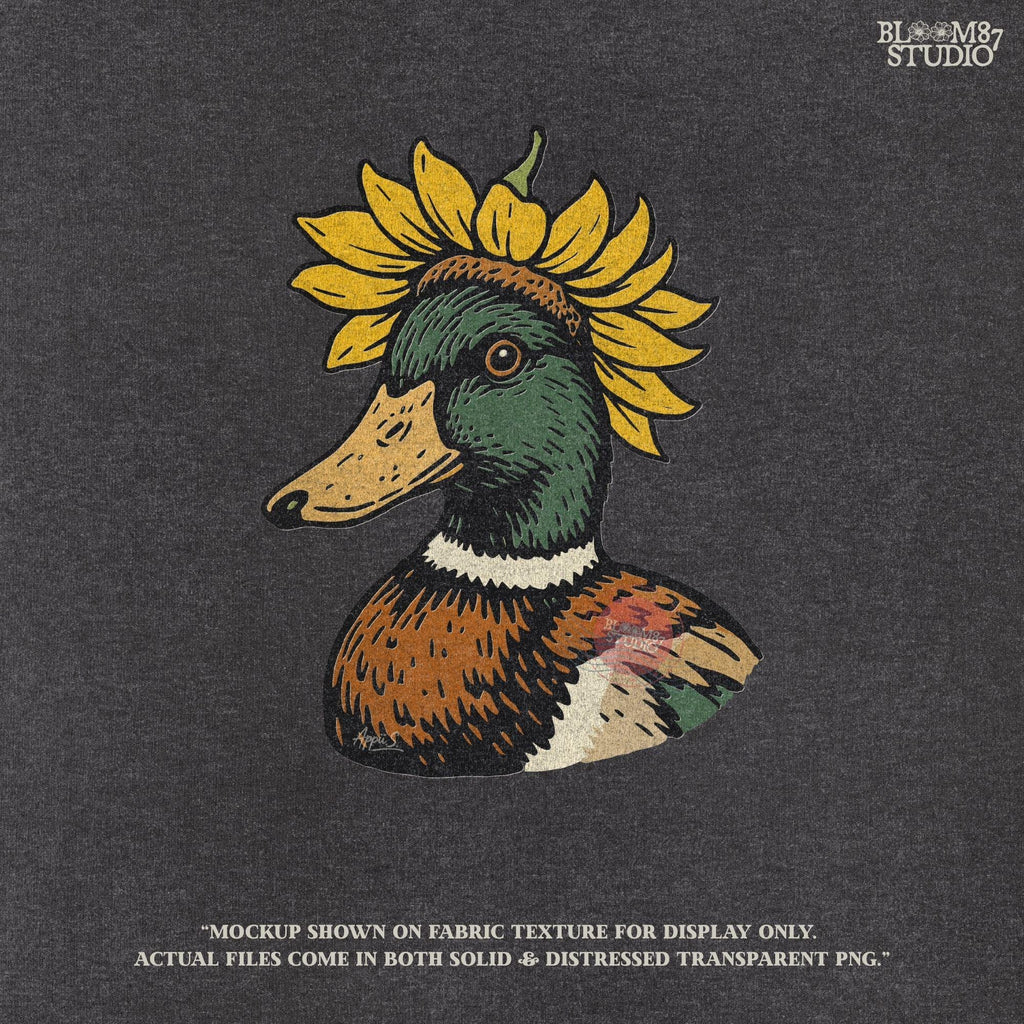 Solid Version:
Vintage illustration of a mallard duck head with a sunflower crown, sublimation PNG for farmhouse crafts and quirky animal designs.

Distressed Version:
Distressed-style sunflower duck head illustration, rustic sublimation PNG perfect for fall farmhouse art and whimsical wildlife projects.