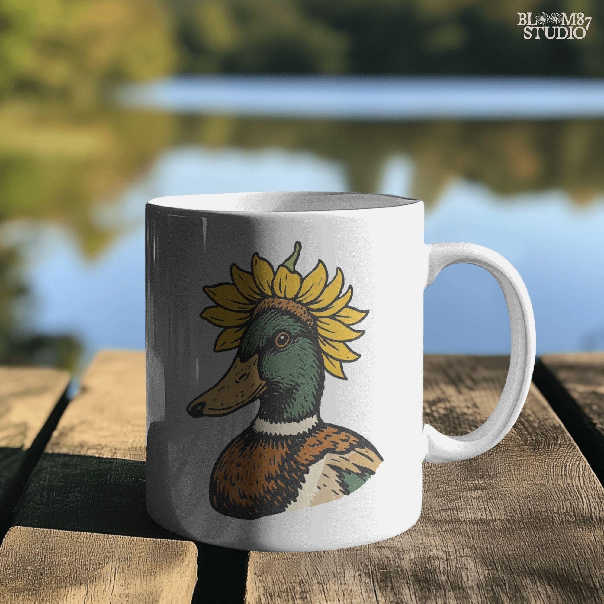 Solid Version:
Vintage illustration of a mallard duck head with a sunflower crown, sublimation PNG for farmhouse crafts and quirky animal designs.

Distressed Version:
Distressed-style sunflower duck head illustration, rustic sublimation PNG perfect for fall farmhouse art and whimsical wildlife projects.