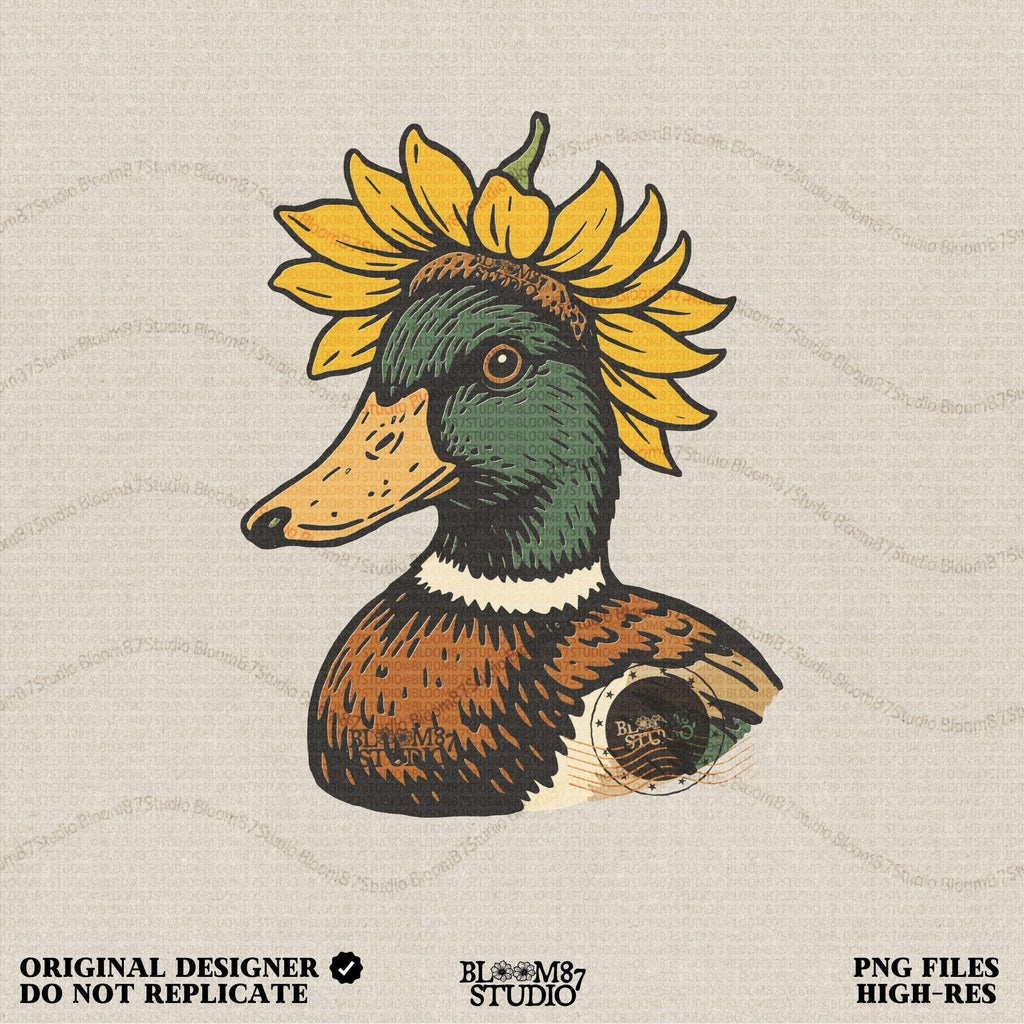 Solid Version:
Vintage illustration of a mallard duck head with a sunflower crown, sublimation PNG for farmhouse crafts and quirky animal designs.

Distressed Version:
Distressed-style sunflower duck head illustration, rustic sublimation PNG perfect for fall farmhouse art and whimsical wildlife projects.