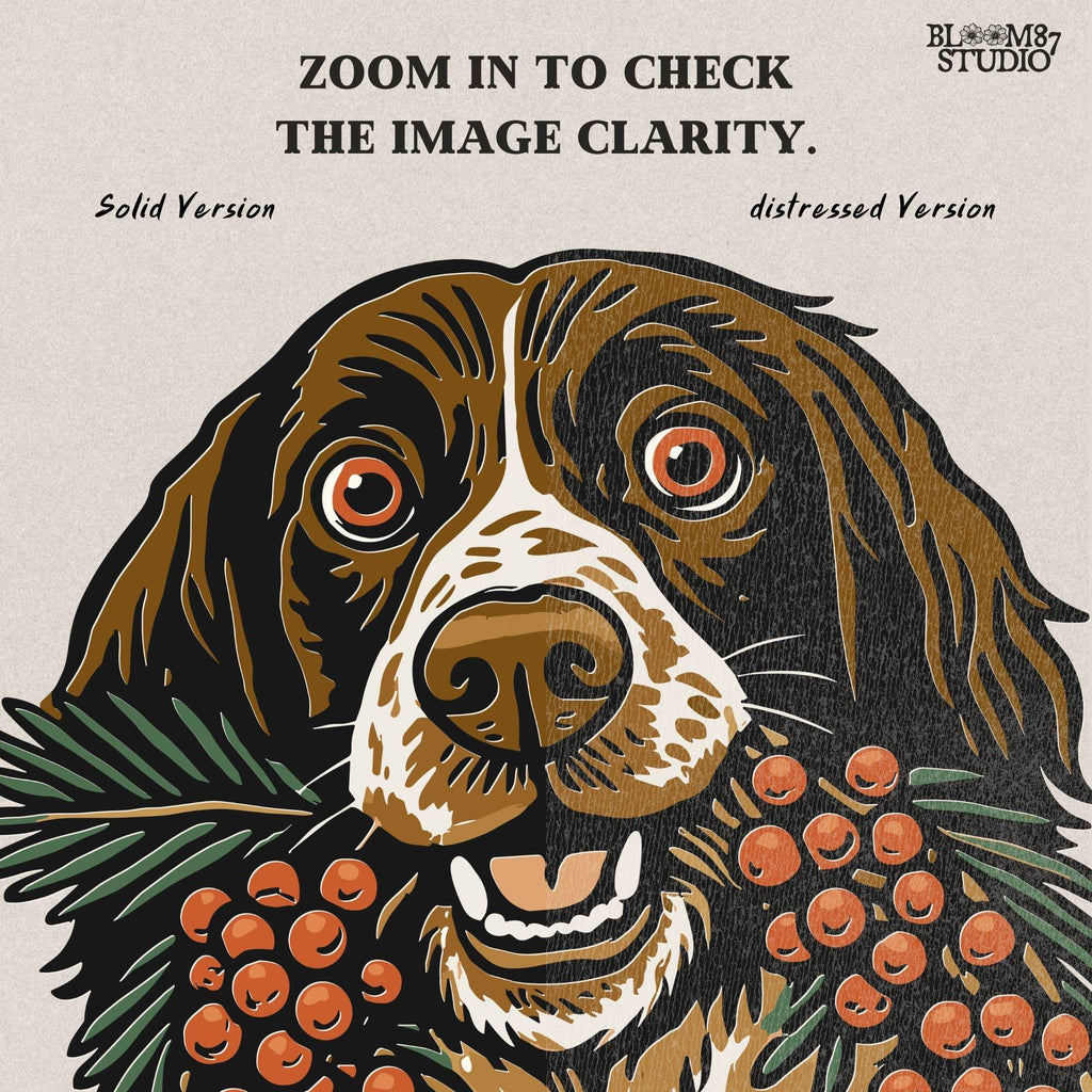 Solid Version:
Vintage illustration of a brown and white dog holding a berry and pine wreath, sublimation PNG for rustic Christmas crafts and holiday decor.

Distressed Version:
Distressed festive dog with berry wreath artwork, rustic sublimation PNG perfect for farmhouse Christmas shirts, mugs, and seasonal gifts.