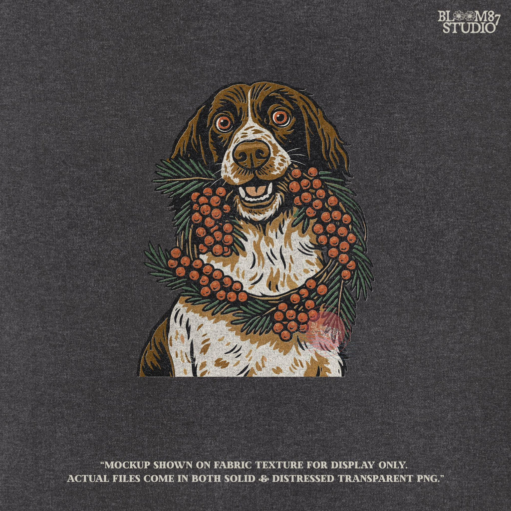 Solid Version:
Vintage illustration of a brown and white dog holding a berry and pine wreath, sublimation PNG for rustic Christmas crafts and holiday decor.

Distressed Version:
Distressed festive dog with berry wreath artwork, rustic sublimation PNG perfect for farmhouse Christmas shirts, mugs, and seasonal gifts.