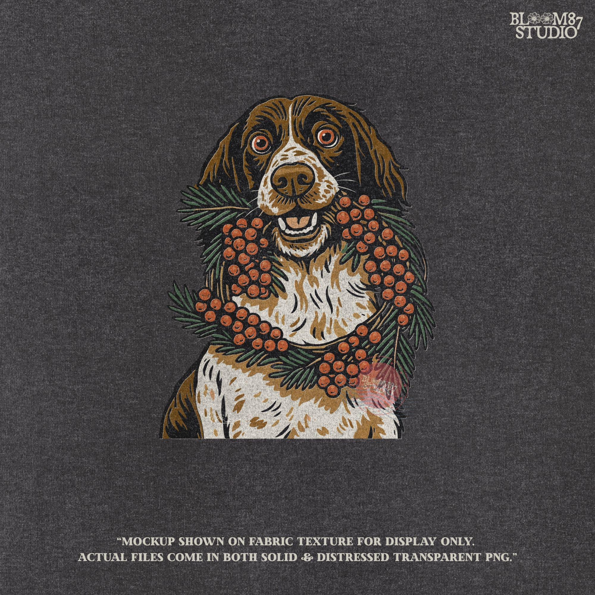 Solid Version:
Vintage illustration of a brown and white dog holding a berry and pine wreath, sublimation PNG for rustic Christmas crafts and holiday decor.

Distressed Version:
Distressed festive dog with berry wreath artwork, rustic sublimation PNG perfect for farmhouse Christmas shirts, mugs, and seasonal gifts.