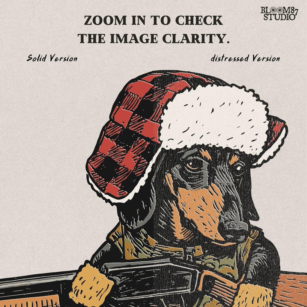 Solid Version:
Vintage illustration of a dachshund wearing a plaid trapper hat and holding a rifle, funny sublimation PNG for hunting-themed crafts and rustic lodge art.

Distressed Version:
Distressed artwork of a hunting dachshund in plaid hat with rifle, quirky sublimation PNG for rustic lodge decor, humorous shirts, and pet designs.