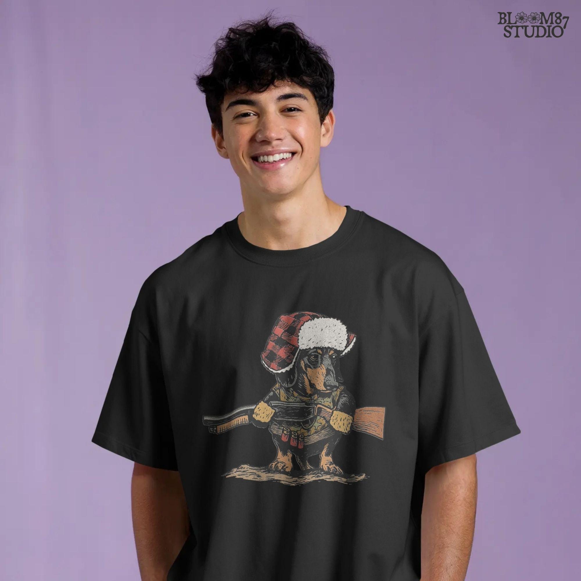 Solid Version:
Vintage illustration of a dachshund wearing a plaid trapper hat and holding a rifle, funny sublimation PNG for hunting-themed crafts and rustic lodge art.

Distressed Version:
Distressed artwork of a hunting dachshund in plaid hat with rifle, quirky sublimation PNG for rustic lodge decor, humorous shirts, and pet designs.