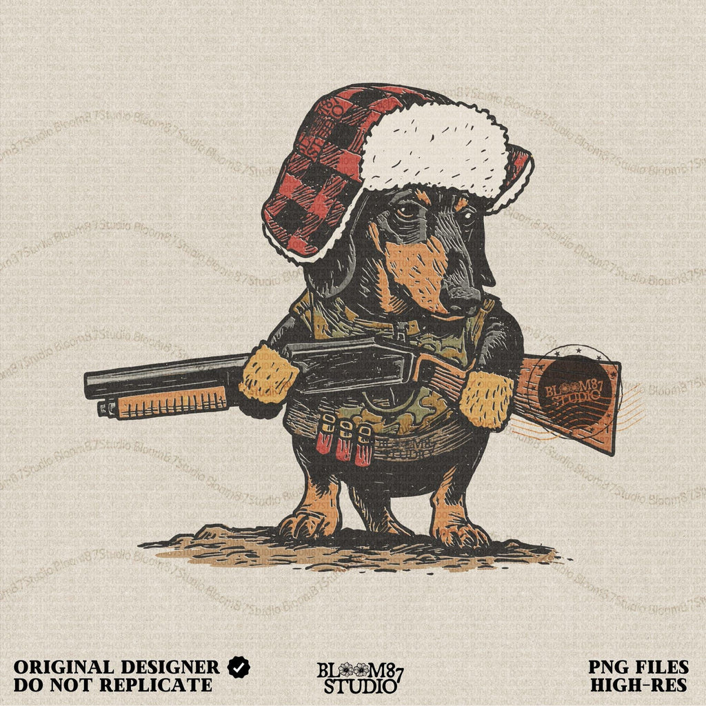 Solid Version:
Vintage illustration of a dachshund wearing a plaid trapper hat and holding a rifle, funny sublimation PNG for hunting-themed crafts and rustic lodge art.

Distressed Version:
Distressed artwork of a hunting dachshund in plaid hat with rifle, quirky sublimation PNG for rustic lodge decor, humorous shirts, and pet designs.