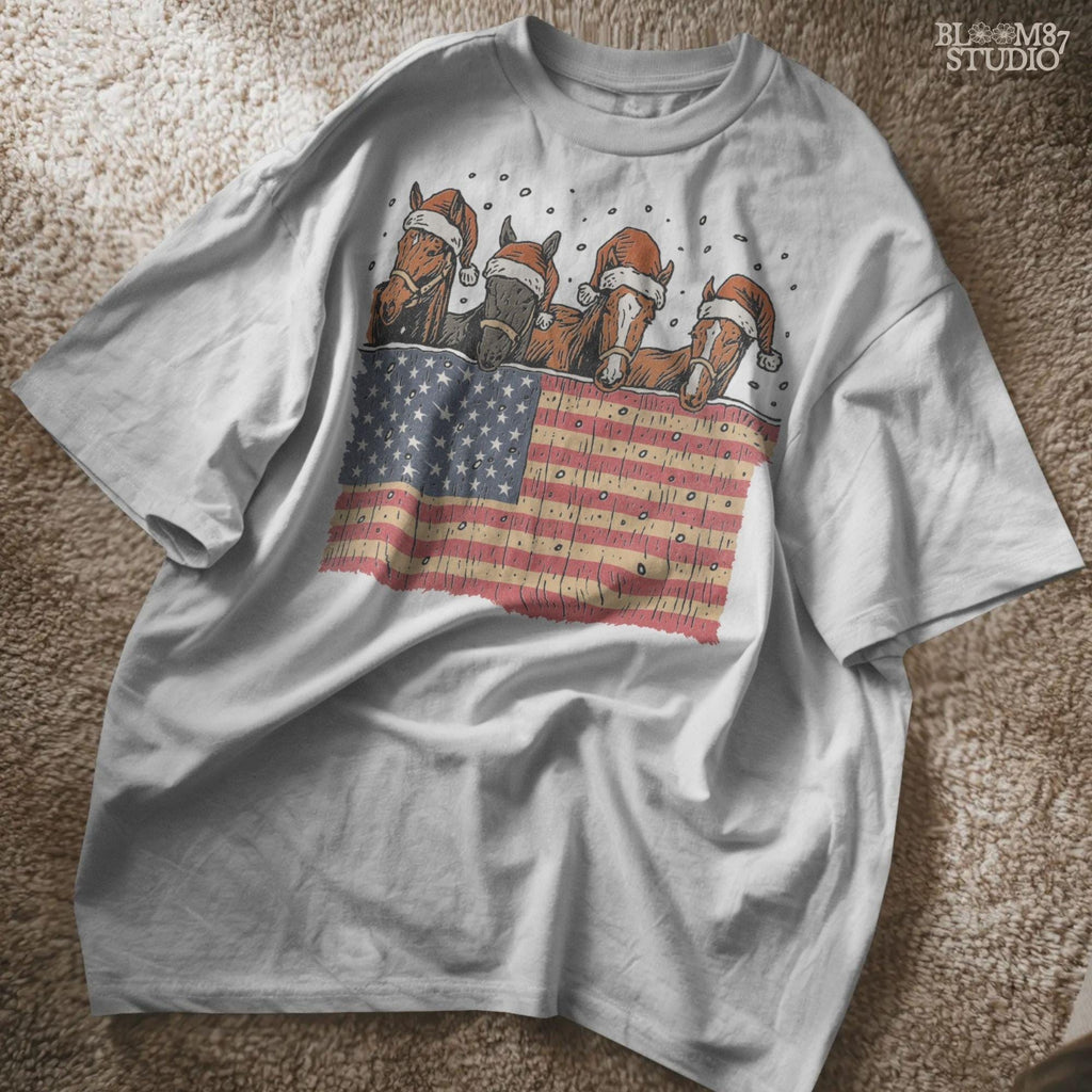 Solid Version:
Vintage illustration of four horses wearing Santa hats behind an American flag with falling snow, sublimation PNG for rustic patriotic Christmas crafts.

Distressed Version:
Distressed Christmas horse artwork with Santa hats and American flag, rustic sublimation PNG perfect for farmhouse holiday decor and festive country designs.