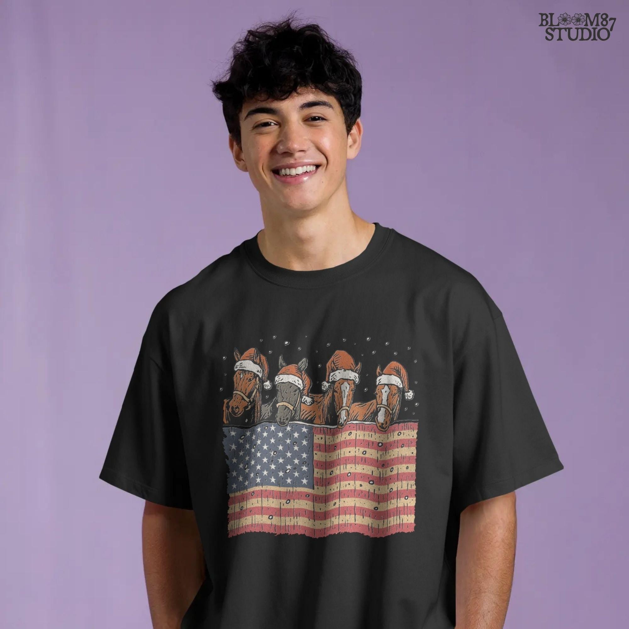 Solid Version:
Vintage illustration of four horses wearing Santa hats behind an American flag with falling snow, sublimation PNG for rustic patriotic Christmas crafts.

Distressed Version:
Distressed Christmas horse artwork with Santa hats and American flag, rustic sublimation PNG perfect for farmhouse holiday decor and festive country designs.