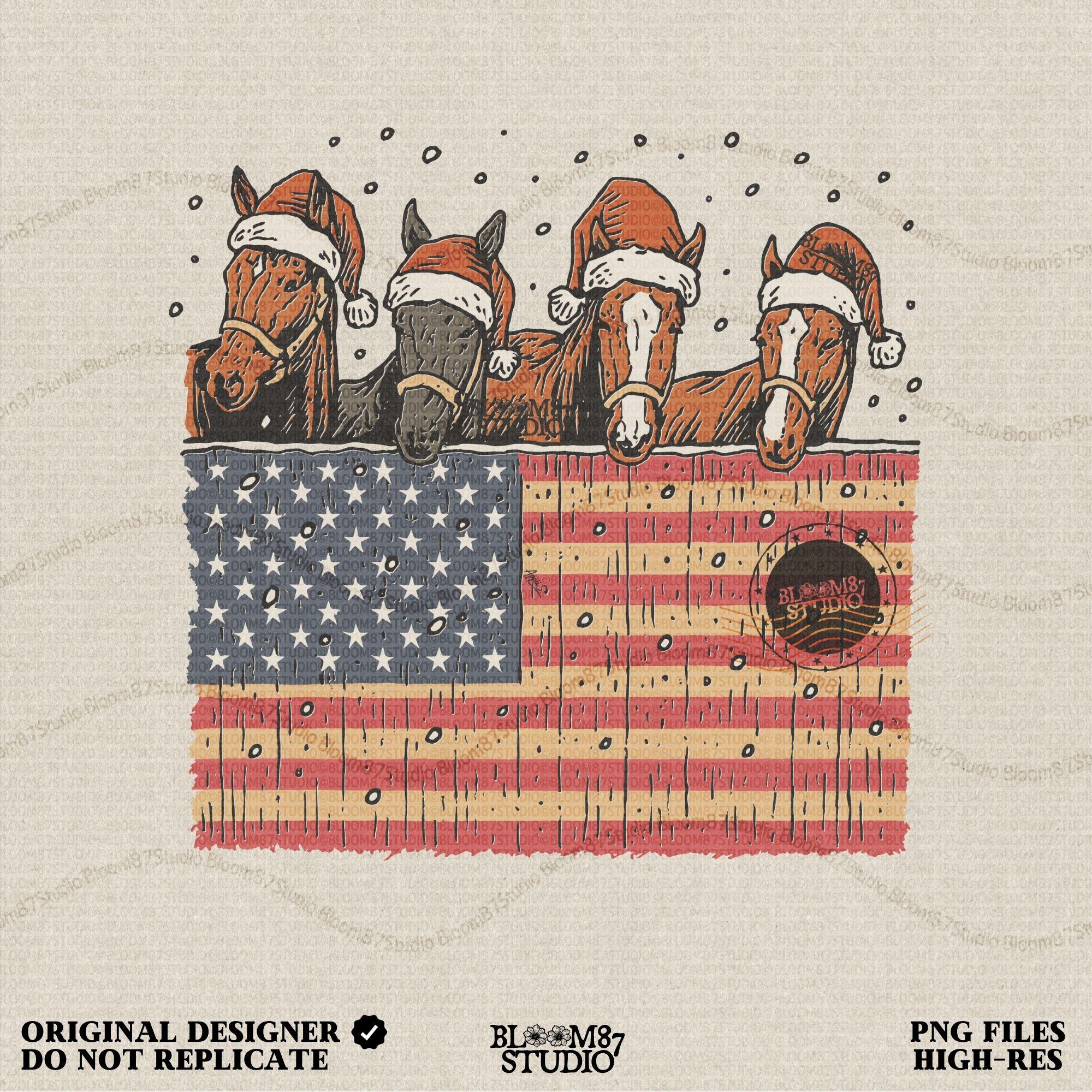 Solid Version:
Vintage illustration of four horses wearing Santa hats behind an American flag with falling snow, sublimation PNG for rustic patriotic Christmas crafts.

Distressed Version:
Distressed Christmas horse artwork with Santa hats and American flag, rustic sublimation PNG perfect for farmhouse holiday decor and festive country designs.