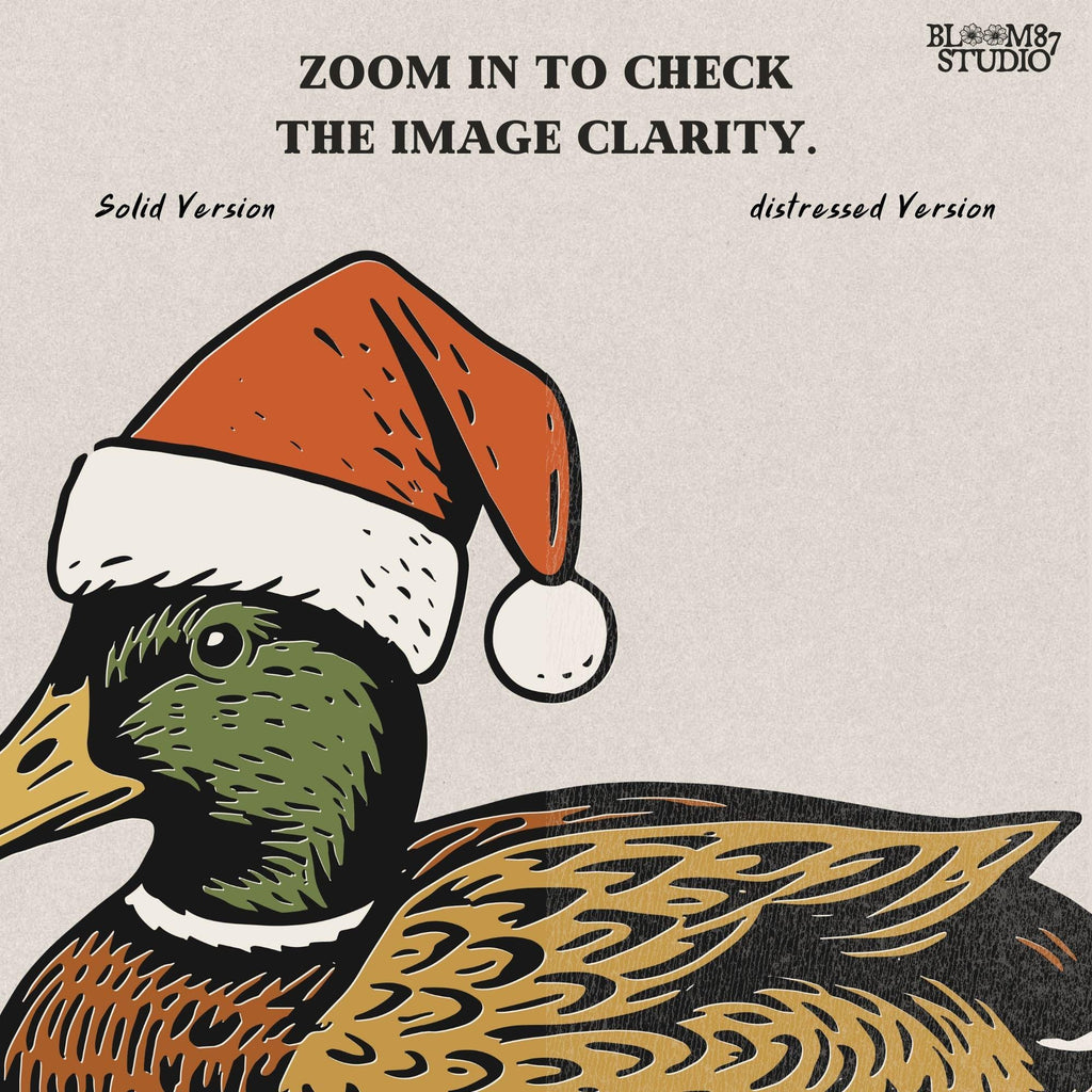 Solid Version:
Vintage illustration of a mallard duck wearing a Santa hat floating on water, sublimation PNG for rustic Christmas crafts and farmhouse holiday decor.

Distressed Version:
Distressed artwork of a festive duck with Santa hat on water, rustic sublimation PNG perfect for farmhouse Christmas shirts, mugs, and seasonal crafts.