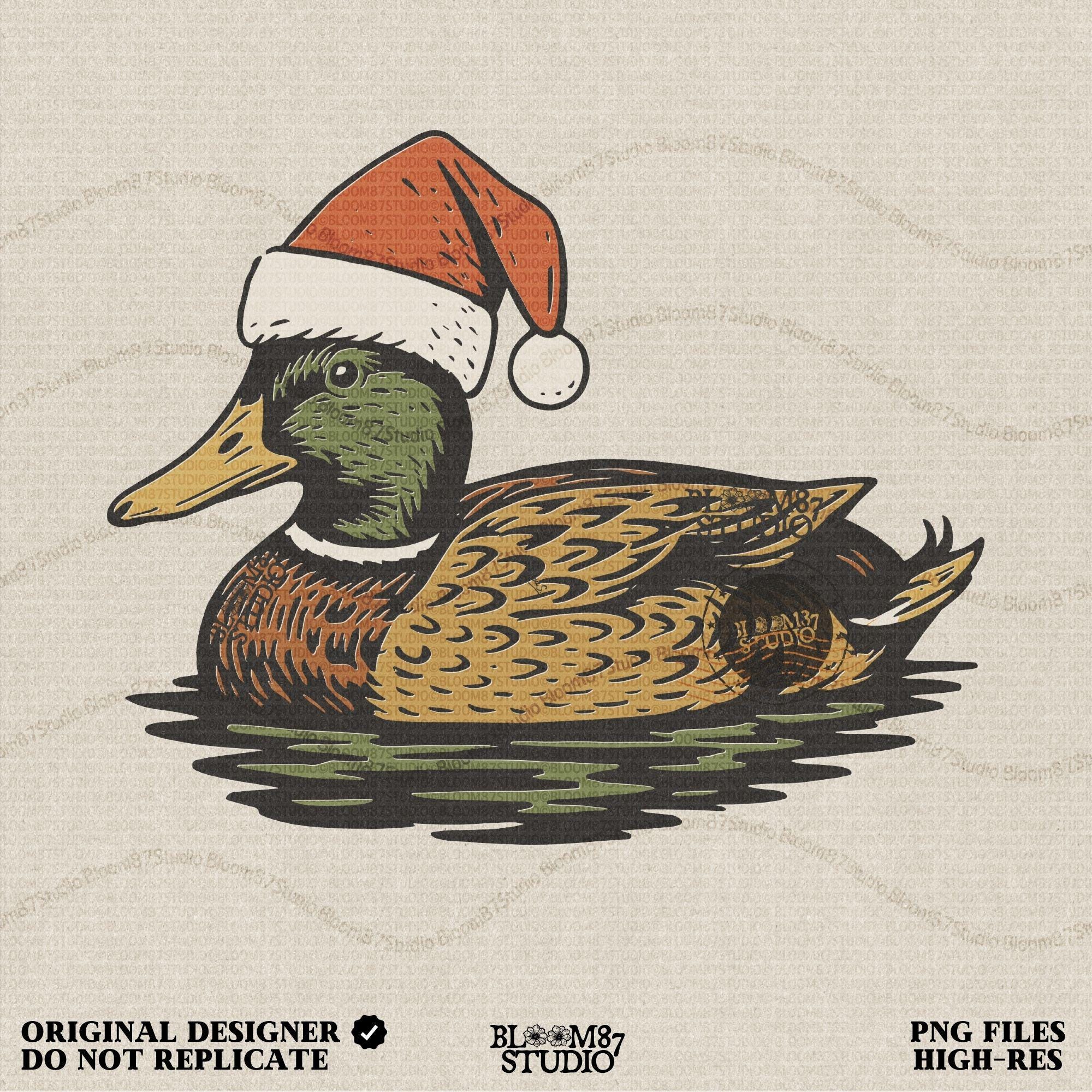 Solid Version:
Vintage illustration of a mallard duck wearing a Santa hat floating on water, sublimation PNG for rustic Christmas crafts and farmhouse holiday decor.

Distressed Version:
Distressed artwork of a festive duck with Santa hat on water, rustic sublimation PNG perfect for farmhouse Christmas shirts, mugs, and seasonal crafts.